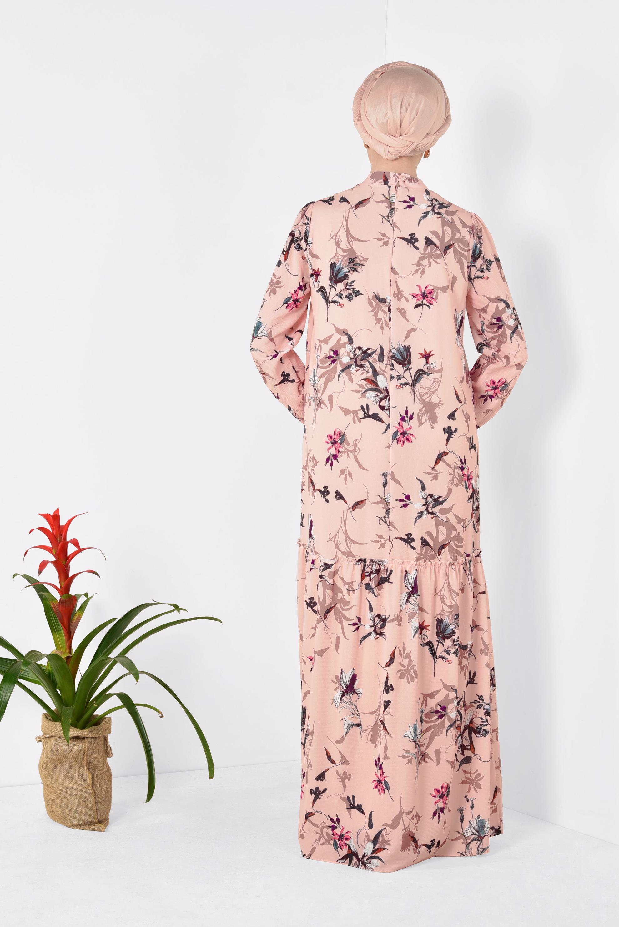 Tesettür giyim PUDRA BOL KESİM ÇİÇEK DESENLİ ELBİSE 4947