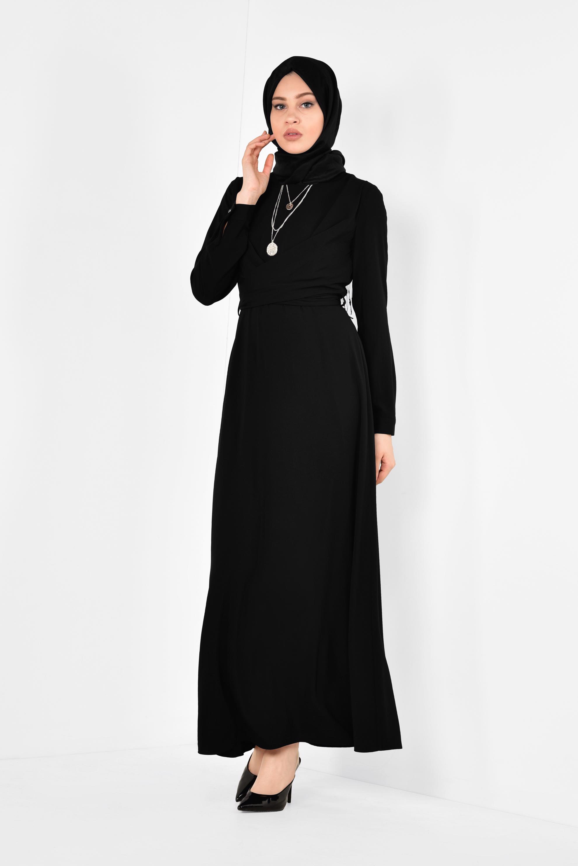 Tesettür giyim SİYAH FERMUARLI VE KUŞAKLI ELBİSE 4948