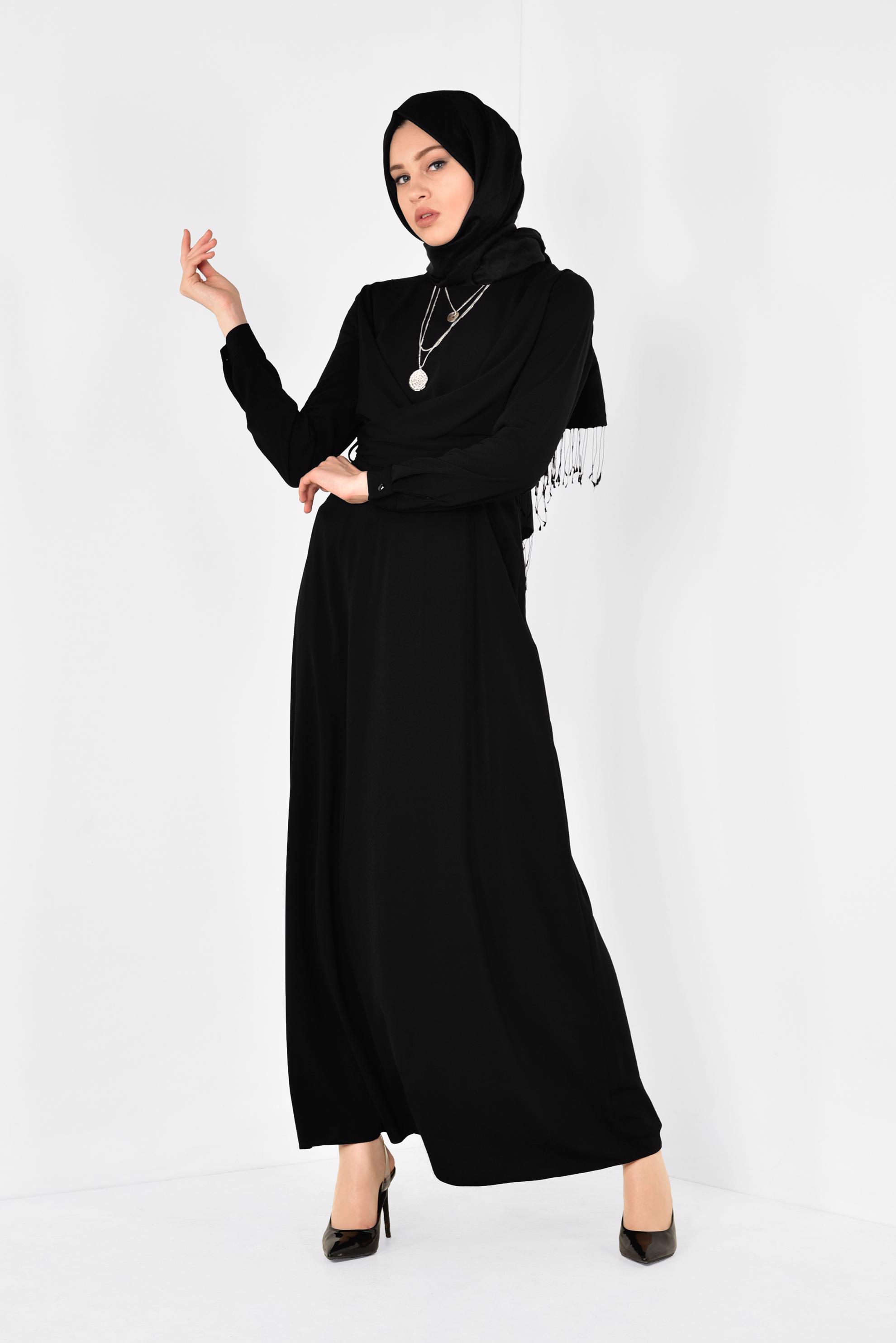 Tesettür giyim SİYAH FERMUARLI VE KUŞAKLI ELBİSE 4948