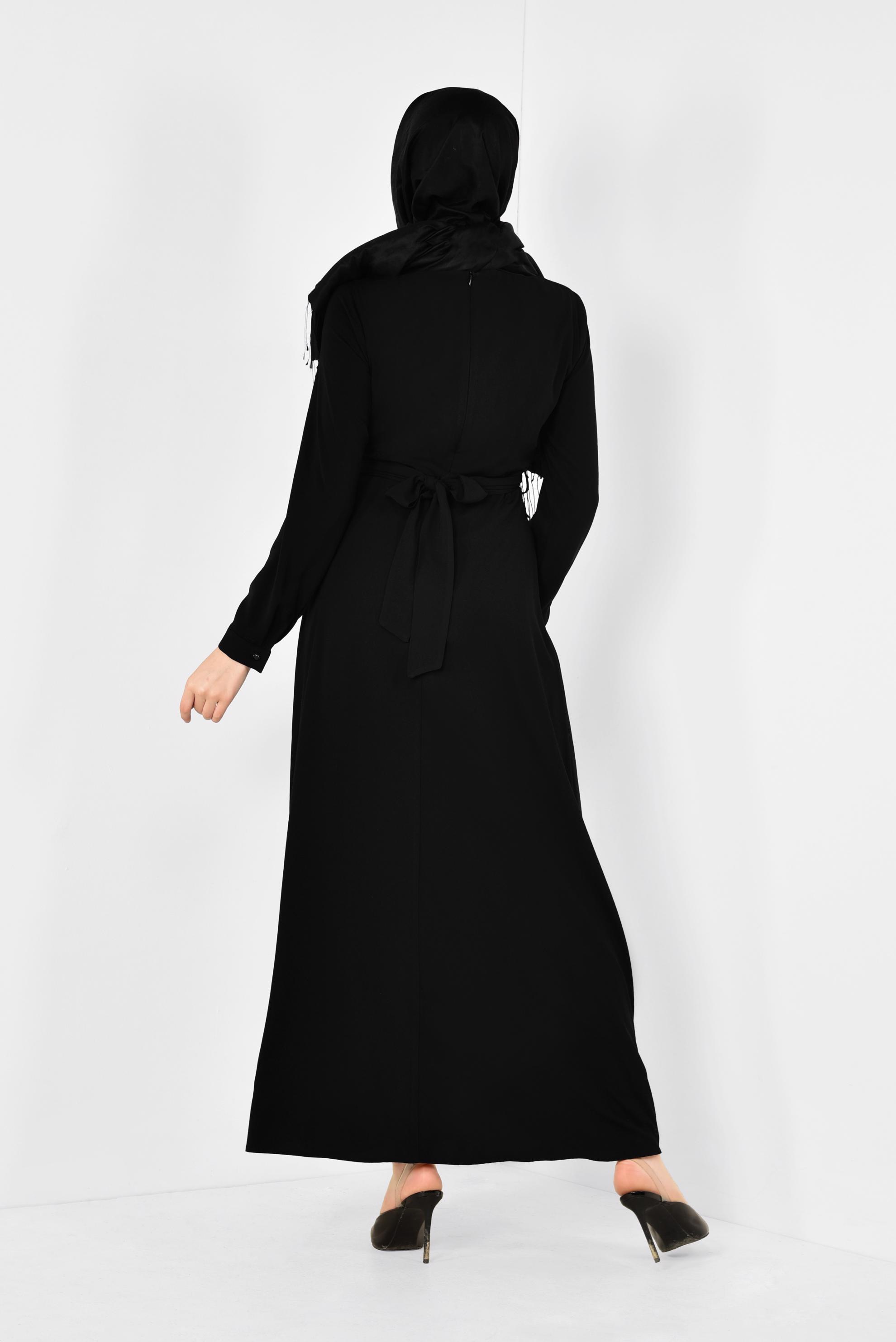 Tesettür giyim SİYAH FERMUARLI VE KUŞAKLI ELBİSE 4948