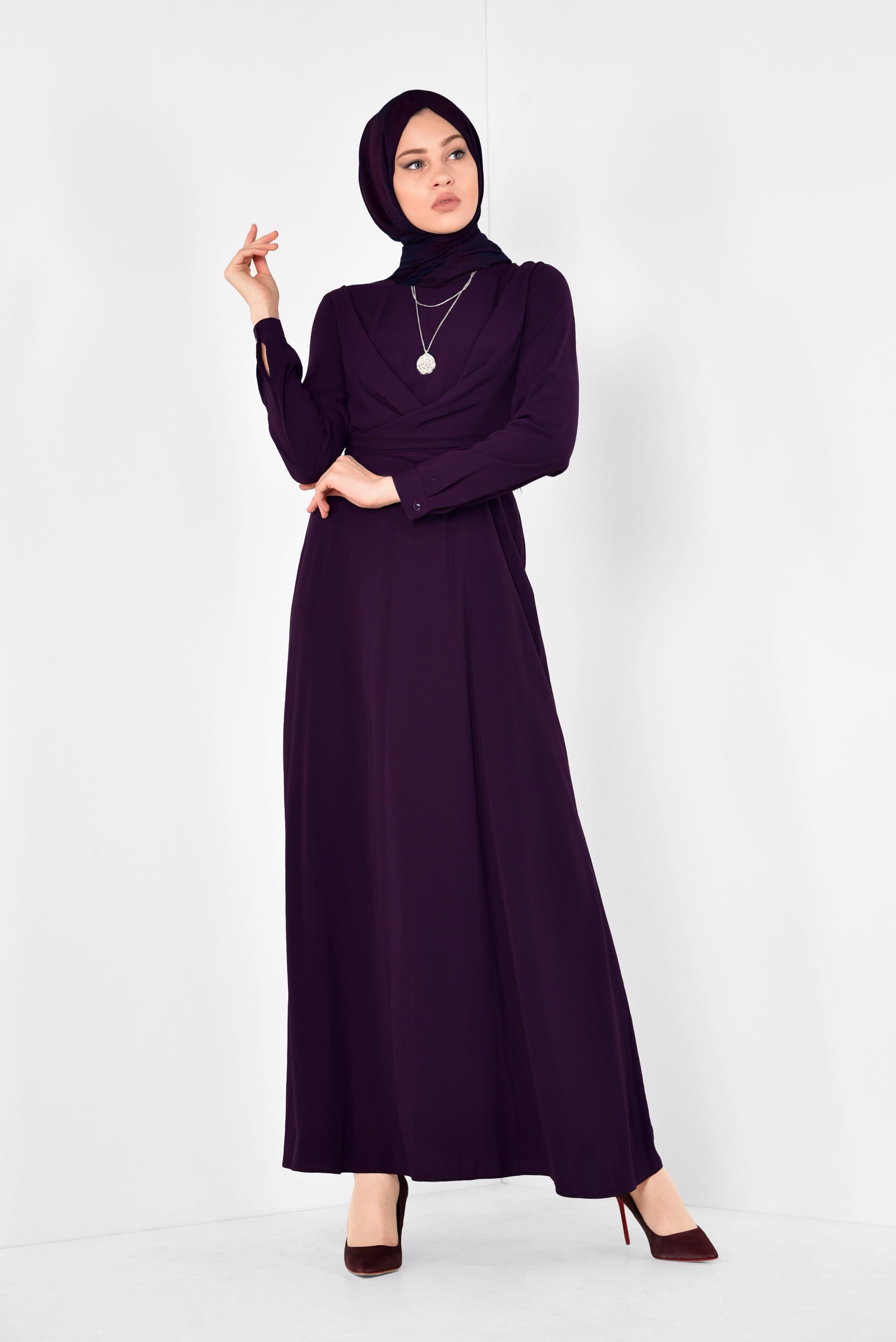 Tesettür giyim MÜRDÜM FERMUARLI VE KUŞAKLI ELBİSE 4948