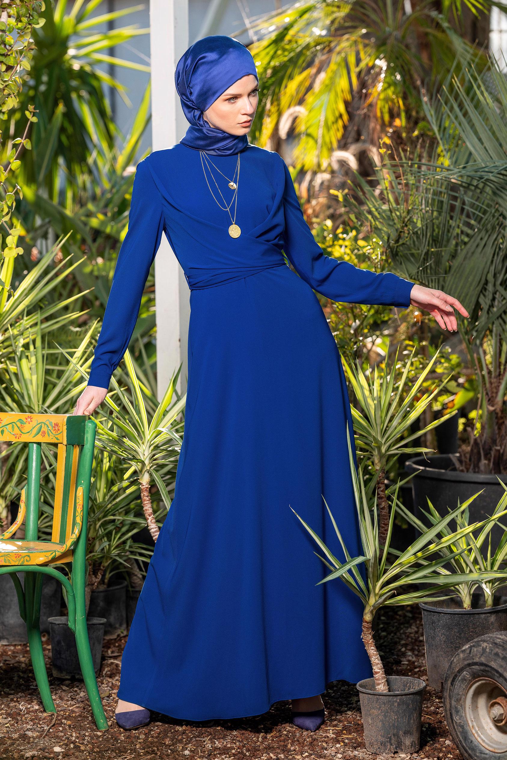 Tesettür giyim LACİVERT FERMUARLI VE KUŞAKLI ELBİSE 4948