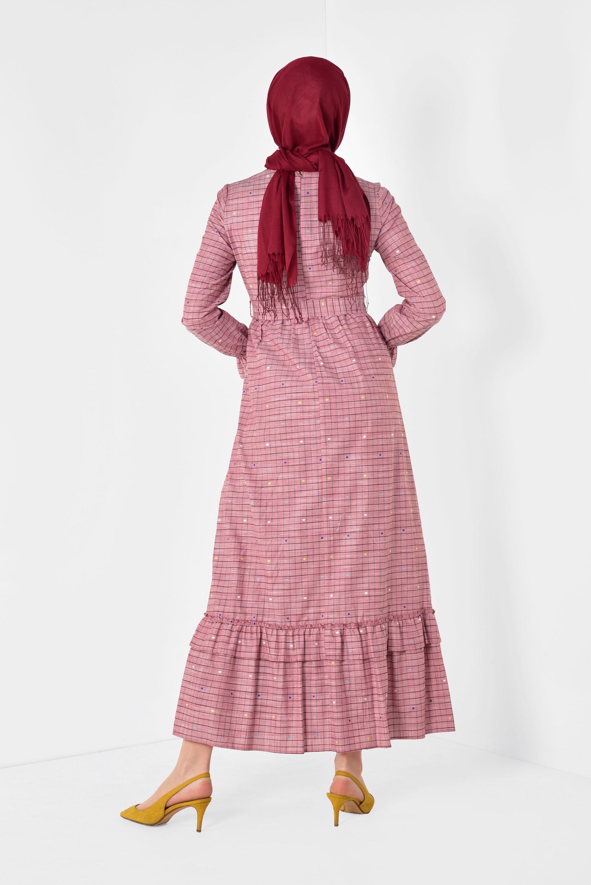 Tesettür giyim KIRMIZI KARE DESENLİ PUANTİYELİ ELBİSE 4949