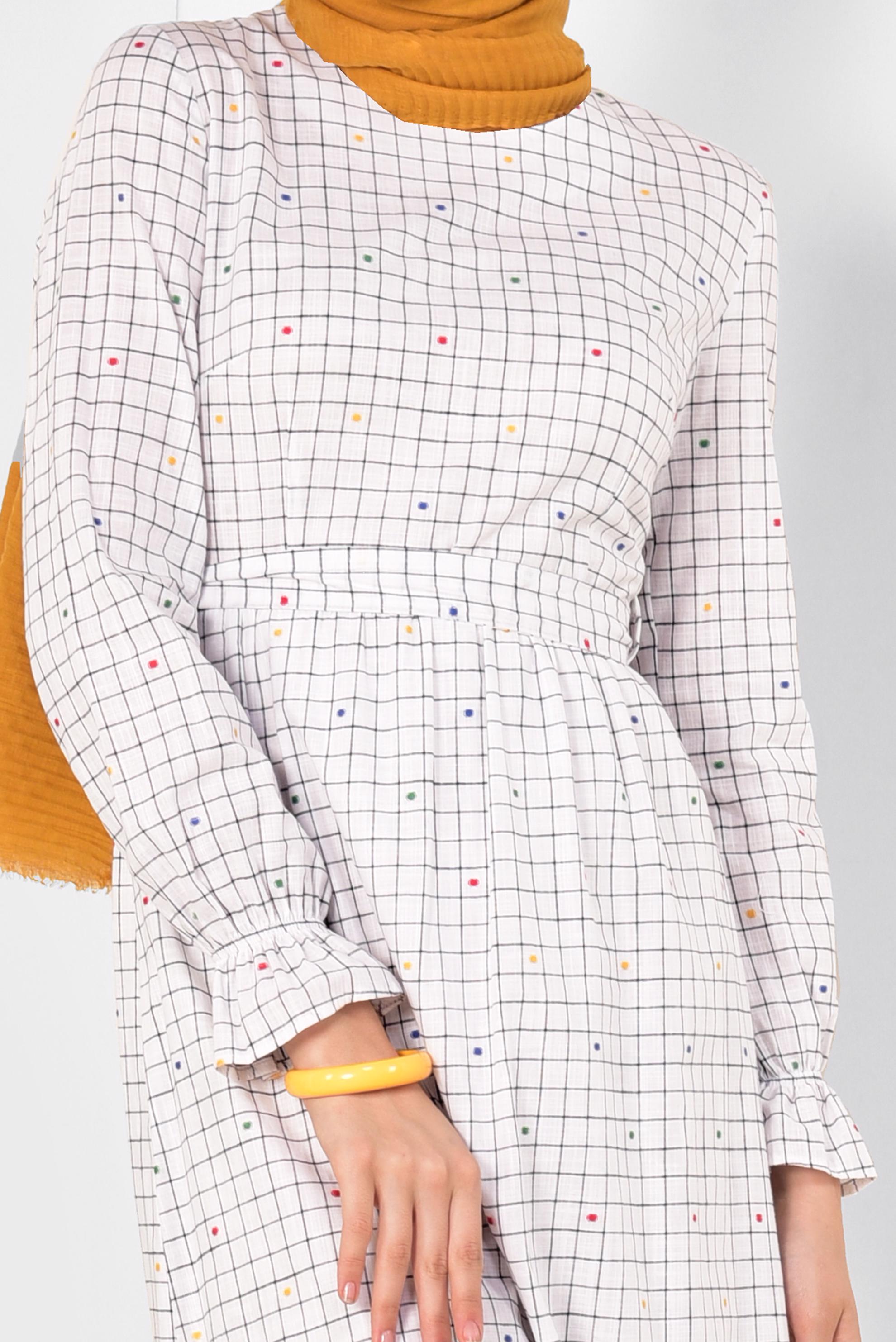 Tesettür giyim EKRU KARE DESENLİ PUANTİYELİ ELBİSE 4949