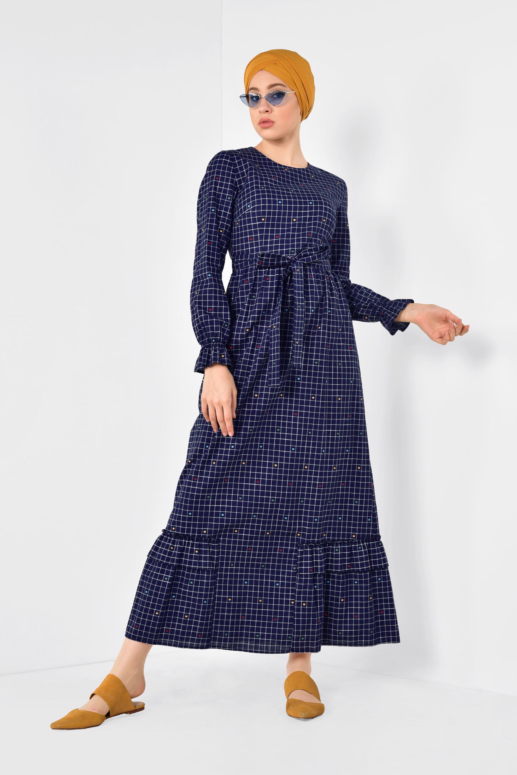 Tesettür giyim LACİVERT KARE DESENLİ PUANTİYELİ ELBİSE 4949