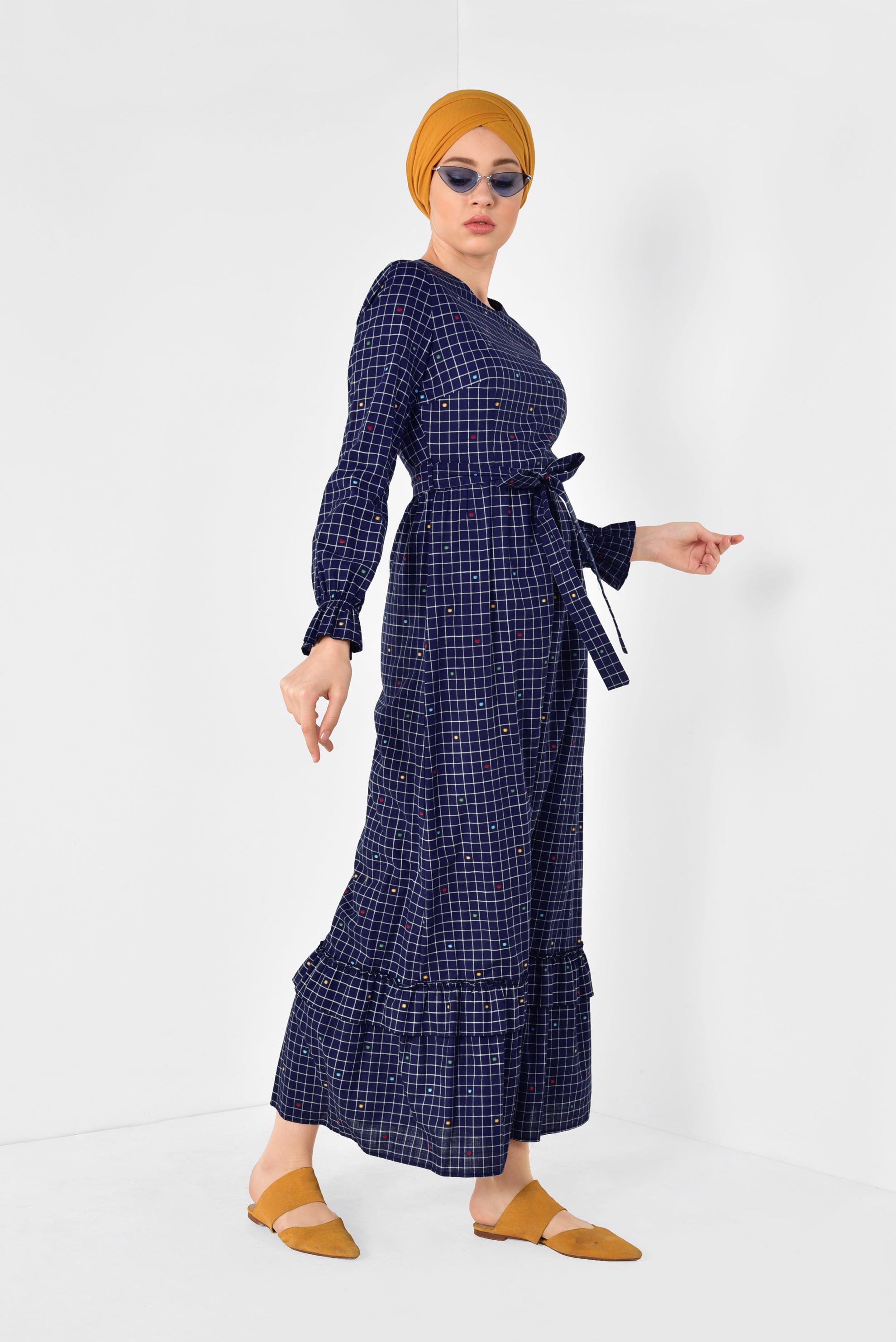 Tesettür giyim LACİVERT KARE DESENLİ PUANTİYELİ ELBİSE 4949