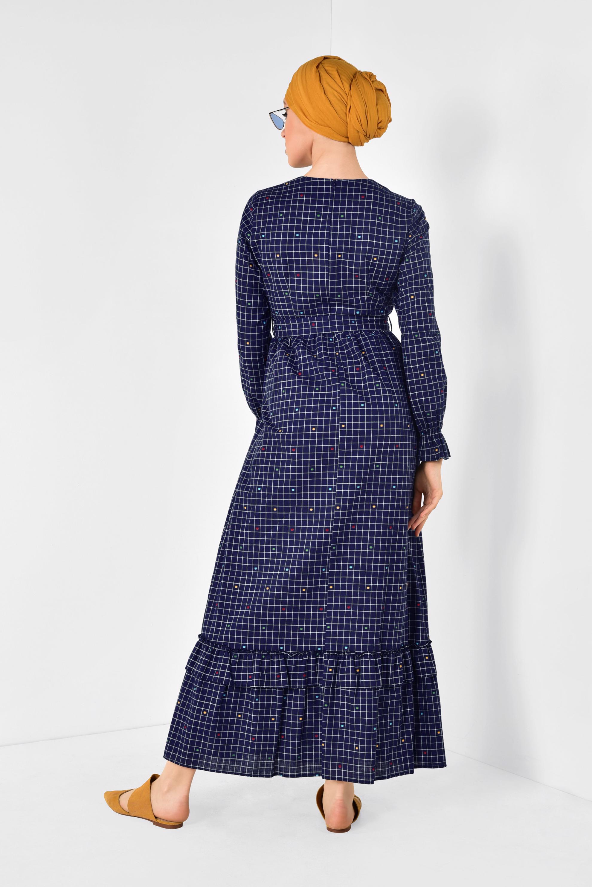 Tesettür giyim LACİVERT KARE DESENLİ PUANTİYELİ ELBİSE 4949