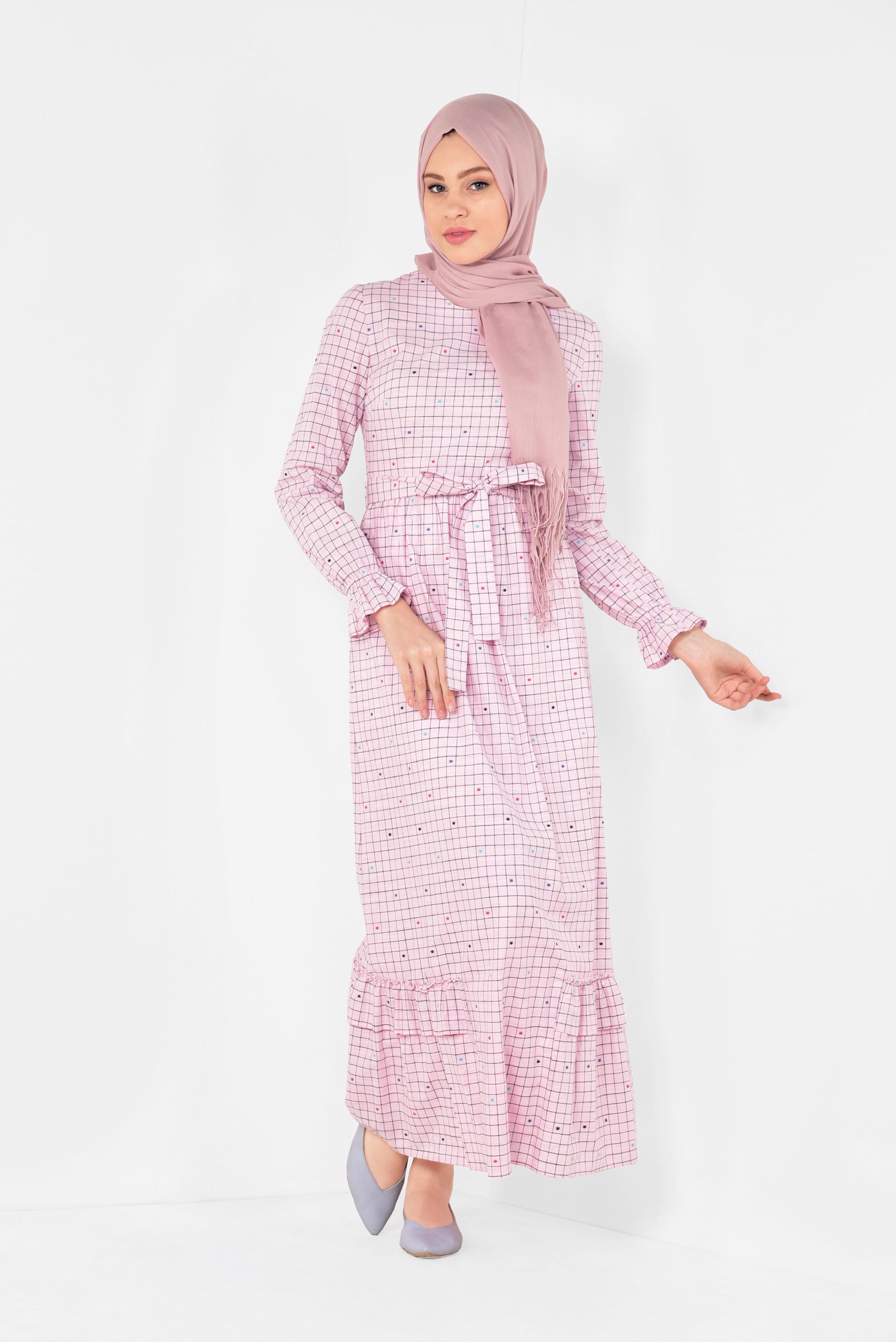 Tesettür giyim PEMBE KARE DESENLİ PUANTİYELİ ELBİSE 4949