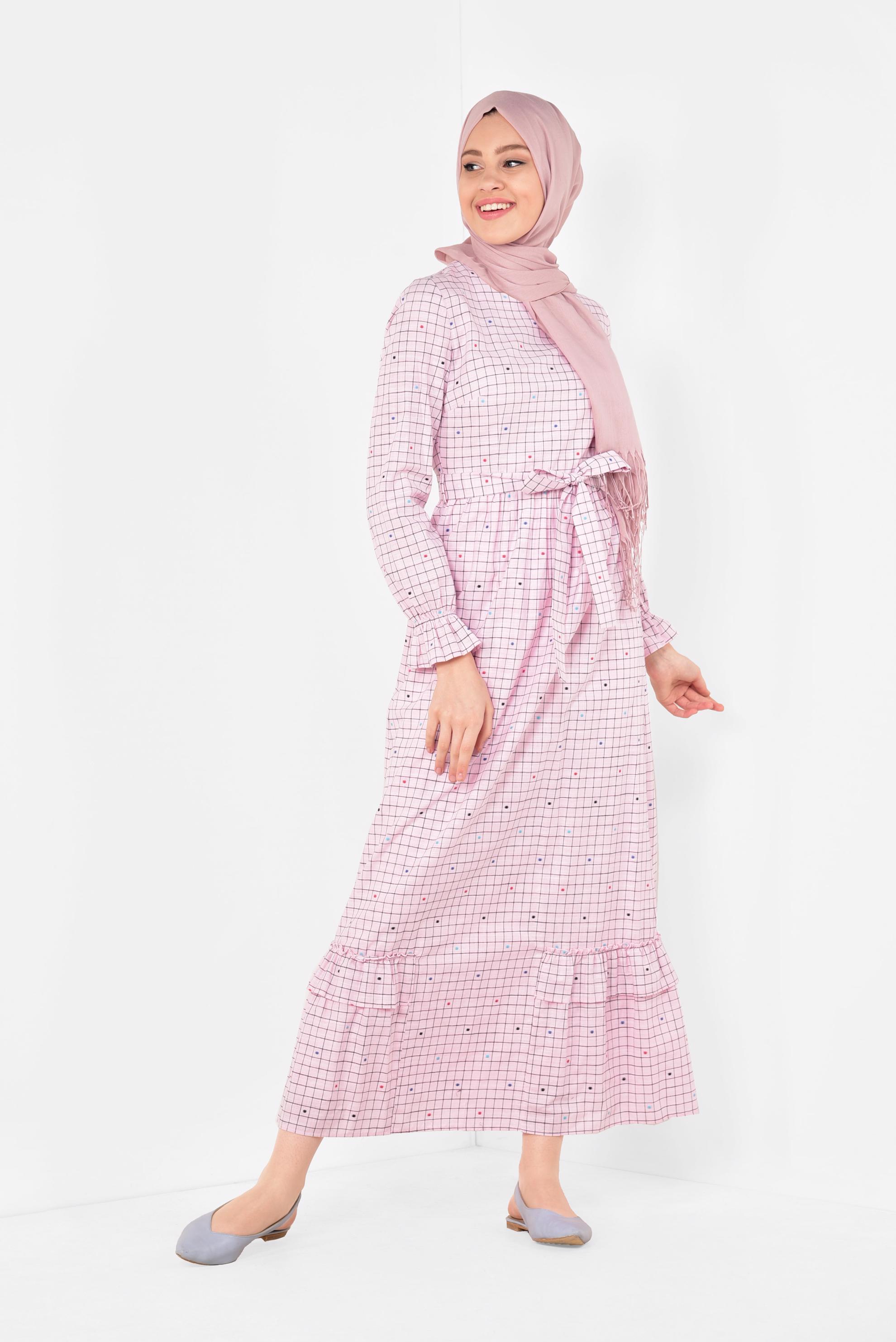 Tesettür giyim PEMBE KARE DESENLİ PUANTİYELİ ELBİSE 4949
