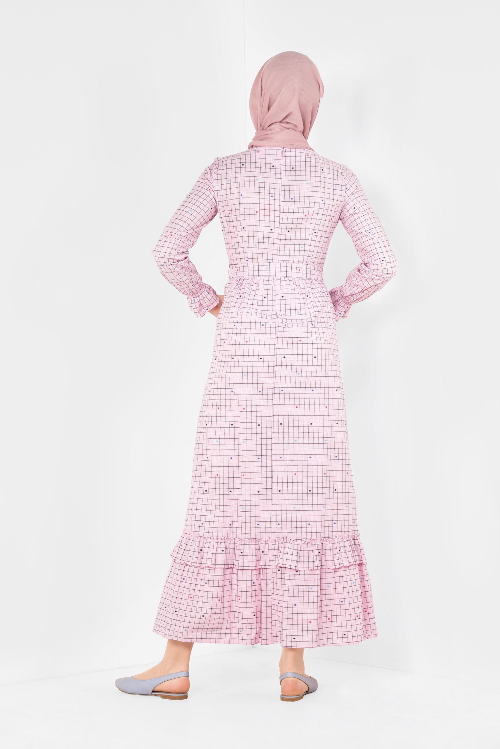 Tesettür giyim PEMBE KARE DESENLİ PUANTİYELİ ELBİSE 4949