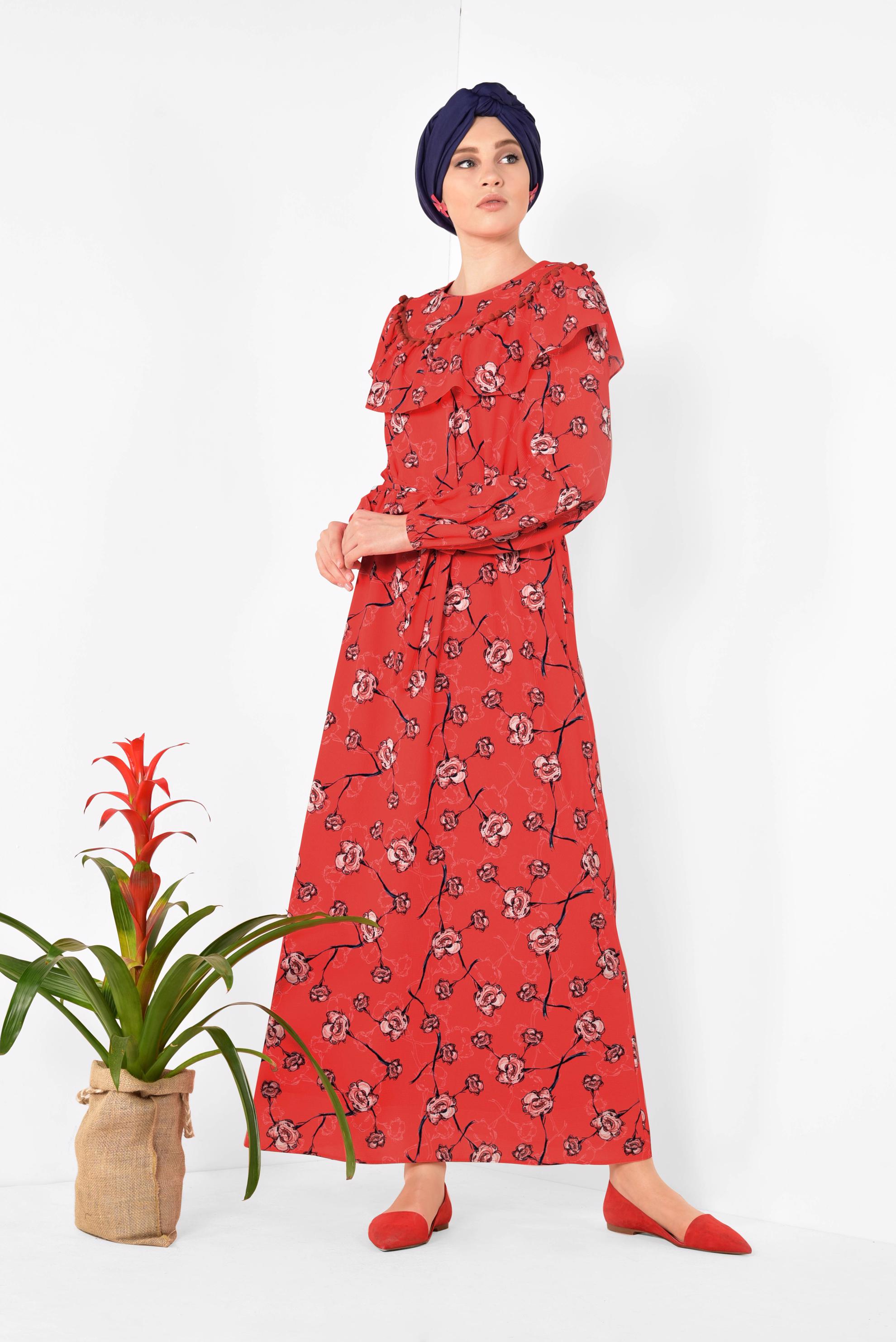 Tesettür giyim KIRMIZI ÇİÇEK DESENLİ BELİ KUŞAKLI ELBİSE 4950