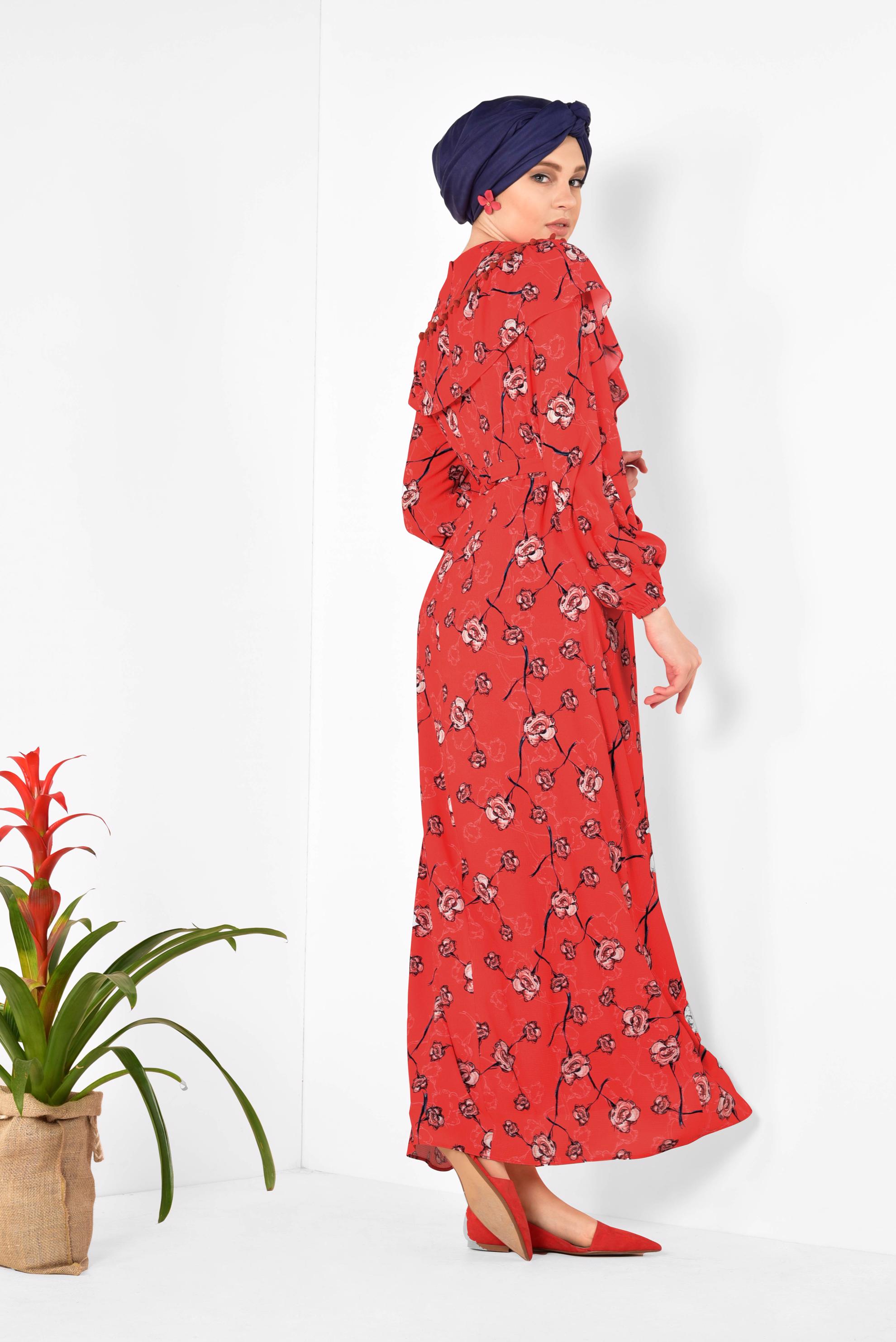 Tesettür giyim KIRMIZI ÇİÇEK DESENLİ BELİ KUŞAKLI ELBİSE 4950
