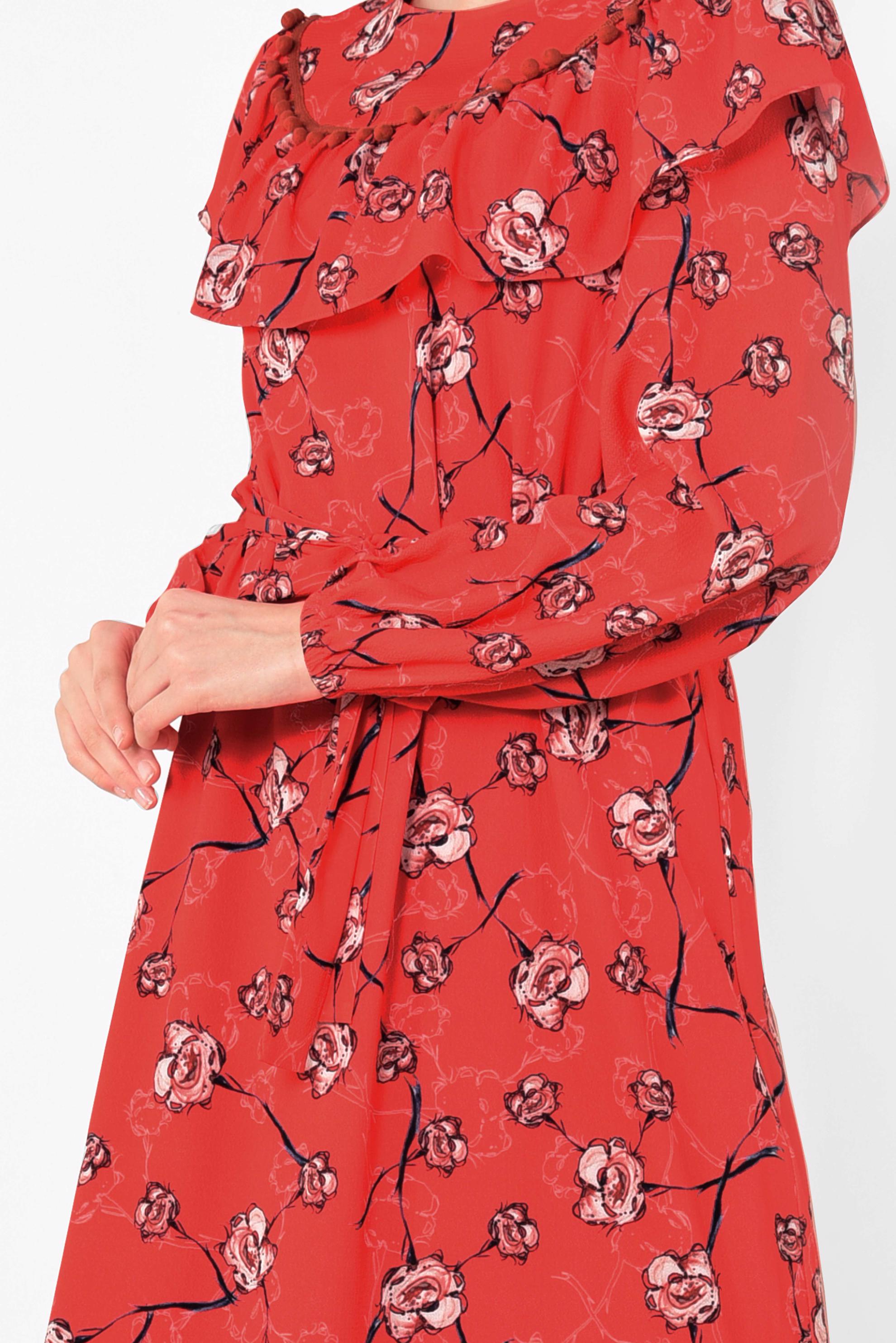 Tesettür giyim KIRMIZI ÇİÇEK DESENLİ BELİ KUŞAKLI ELBİSE 4950