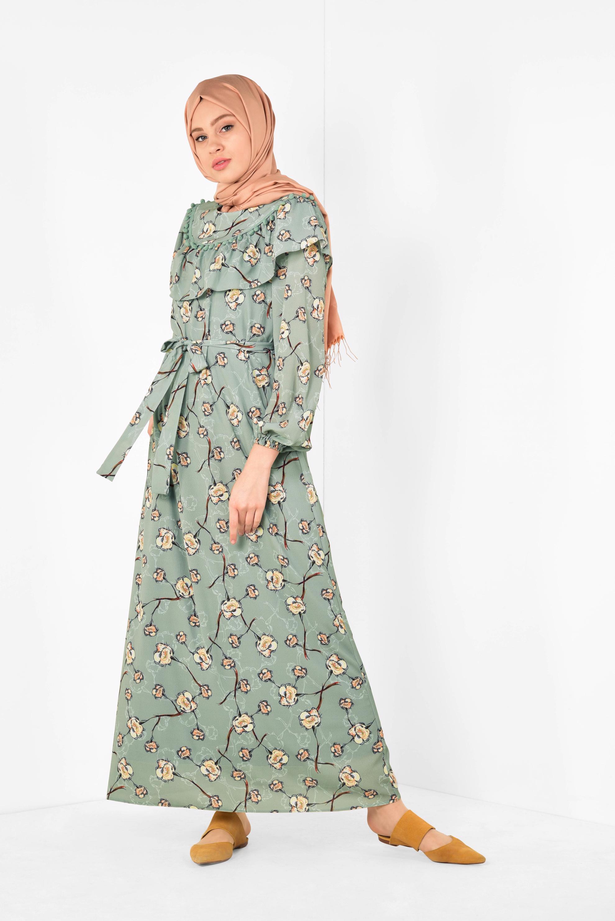 Tesettür giyim YEŞİL ÇİÇEK DESENLİ BELİ KUŞAKLI ELBİSE 4950