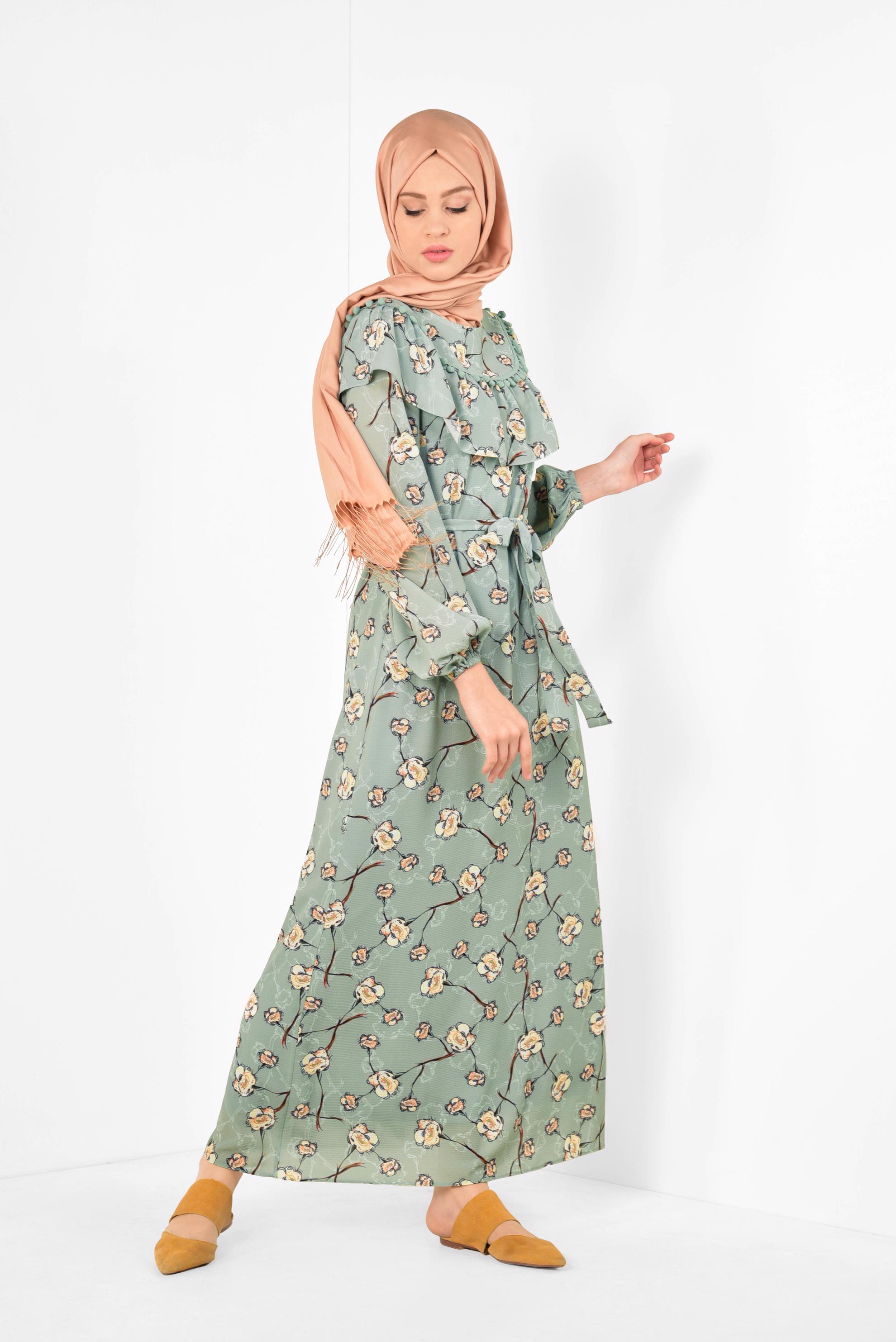 Tesettür giyim YEŞİL ÇİÇEK DESENLİ BELİ KUŞAKLI ELBİSE 4950