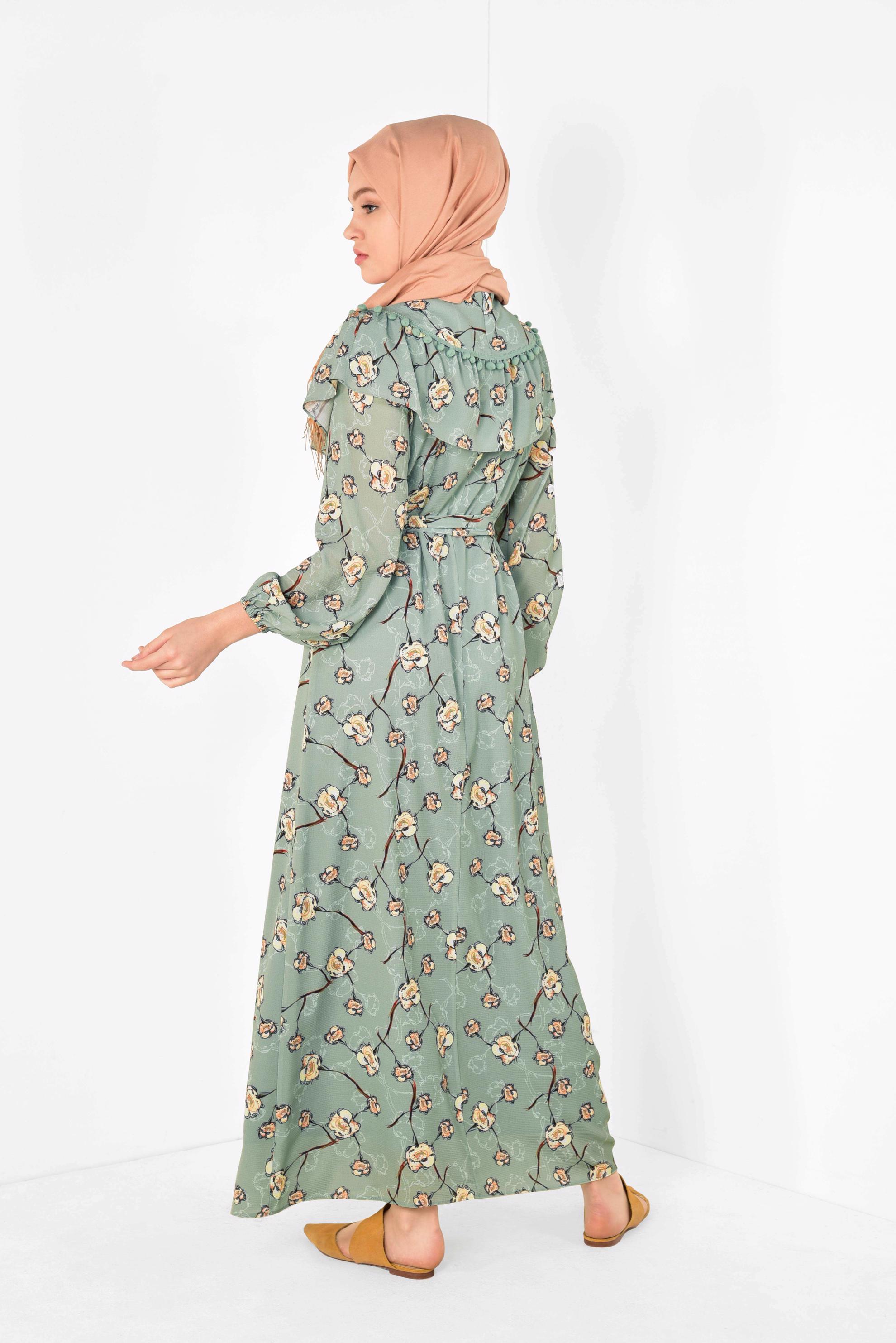 Tesettür giyim YEŞİL ÇİÇEK DESENLİ BELİ KUŞAKLI ELBİSE 4950