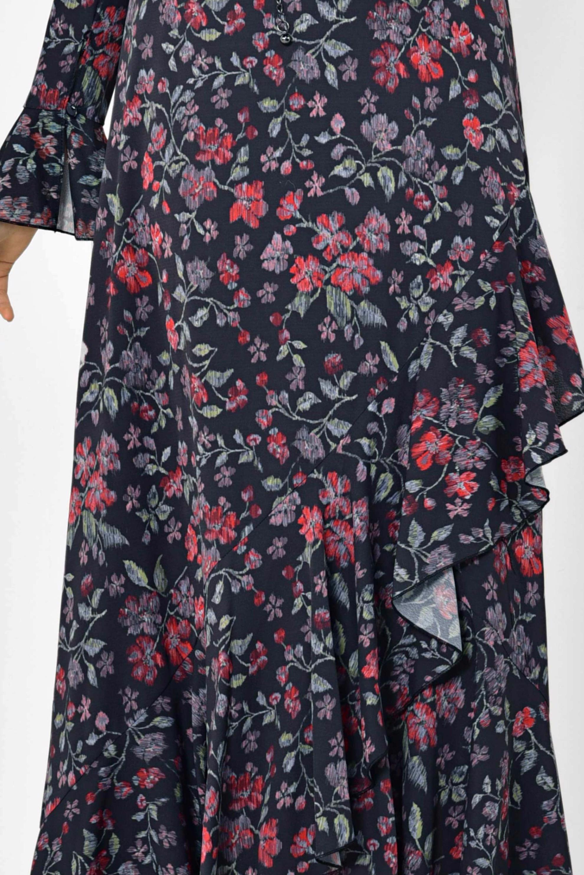 Tesettür giyim SİYAH ASİMETRİK KESİM ÇİÇEK DESENLİ ELBİSE 4965