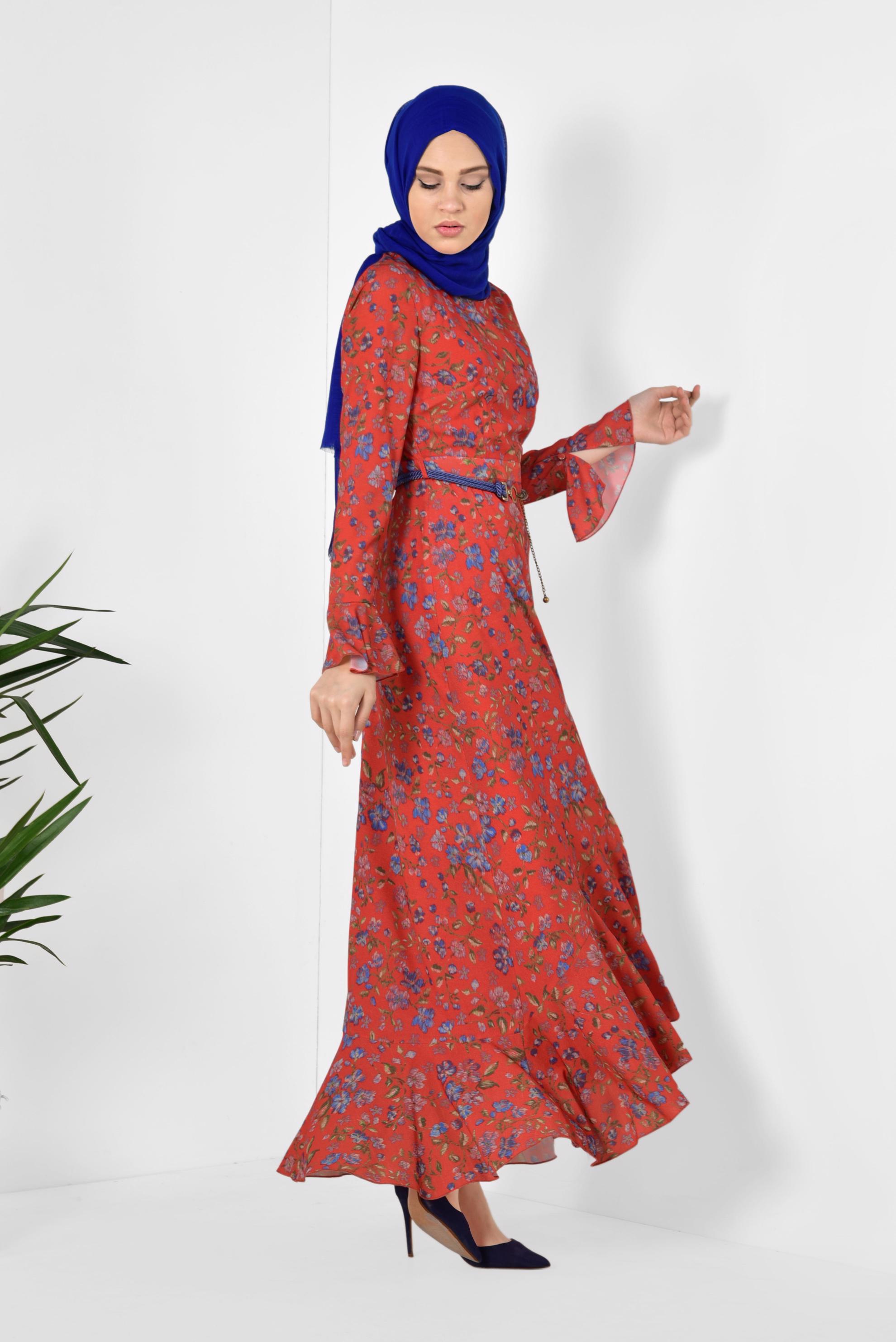 Tesettür giyim KIRMIZI ASİMETRİK KESİM ÇİÇEK DESENLİ ELBİSE 4965