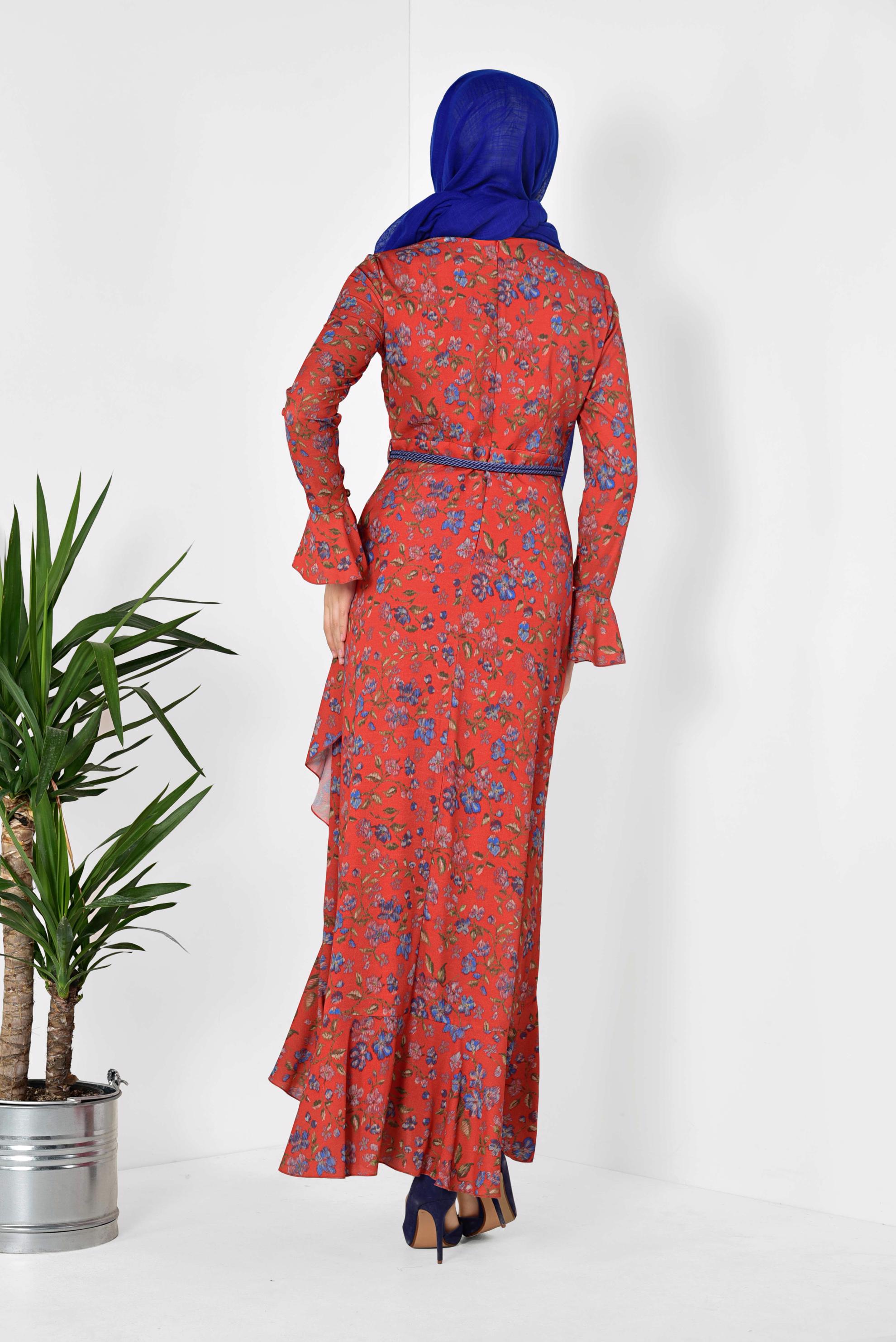 Tesettür giyim KIRMIZI ASİMETRİK KESİM ÇİÇEK DESENLİ ELBİSE 4965