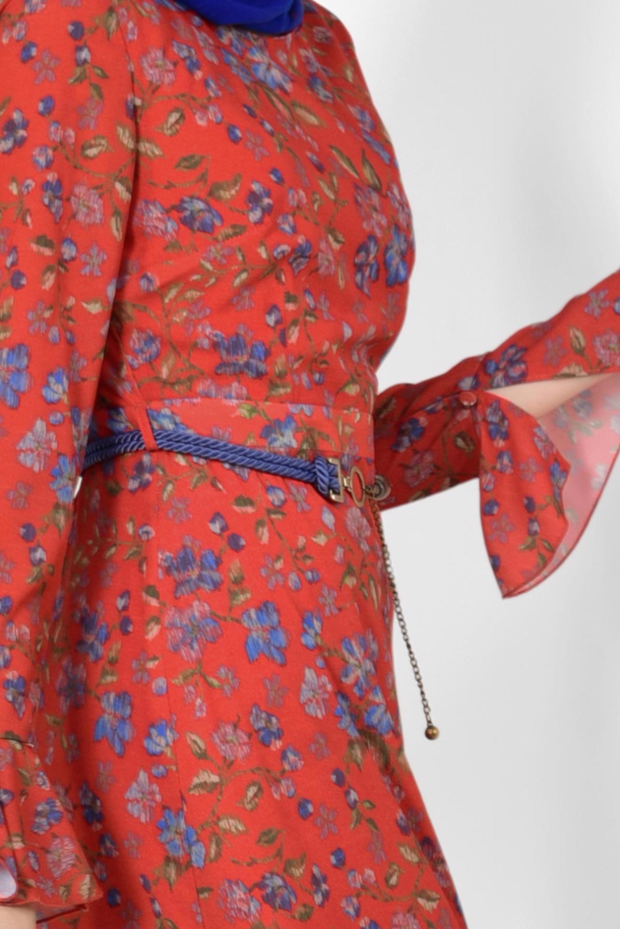 Tesettür giyim KIRMIZI ASİMETRİK KESİM ÇİÇEK DESENLİ ELBİSE 4965