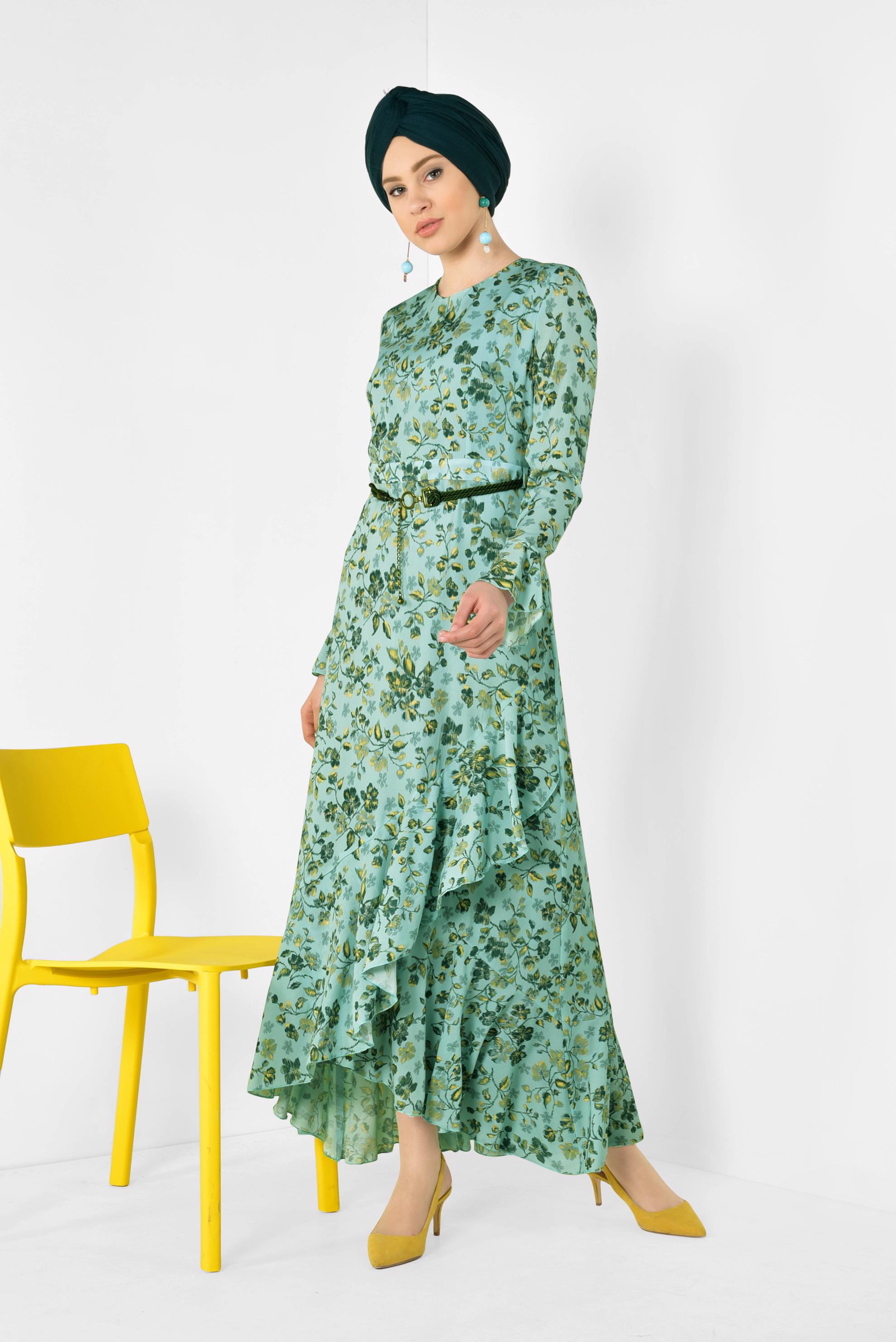 Tesettür giyim MAVİ ASİMETRİK KESİM ÇİÇEK DESENLİ ELBİSE 4965