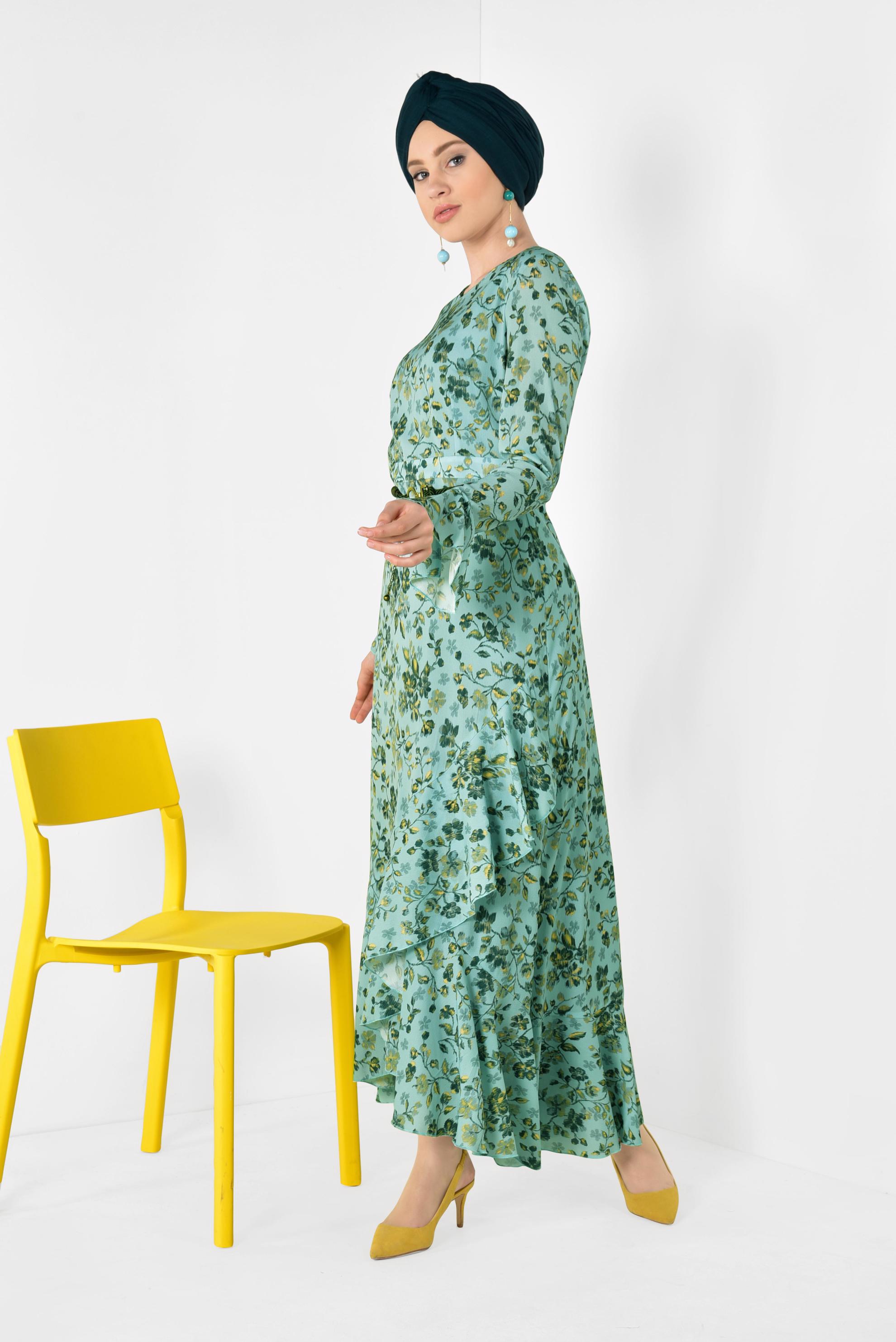 Tesettür giyim MAVİ ASİMETRİK KESİM ÇİÇEK DESENLİ ELBİSE 4965