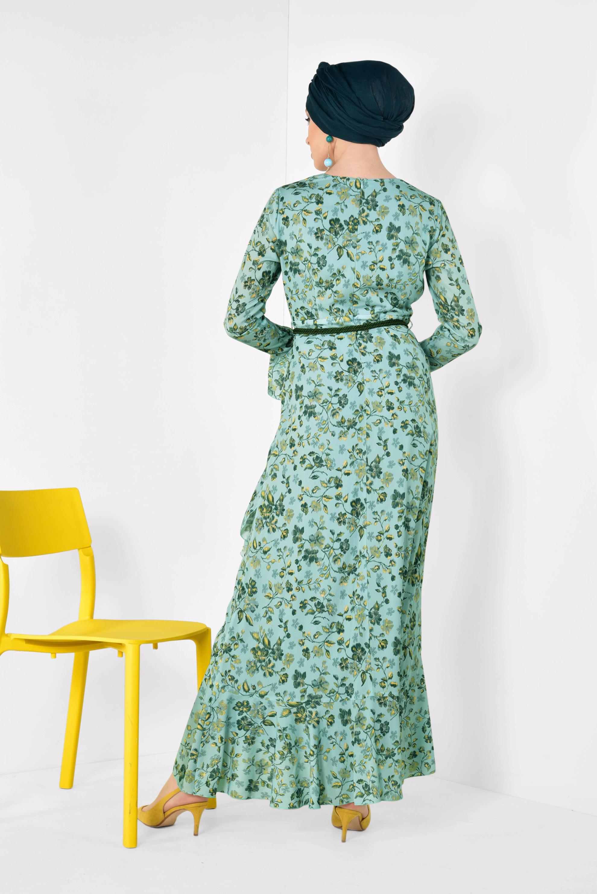 Tesettür giyim MAVİ ASİMETRİK KESİM ÇİÇEK DESENLİ ELBİSE 4965