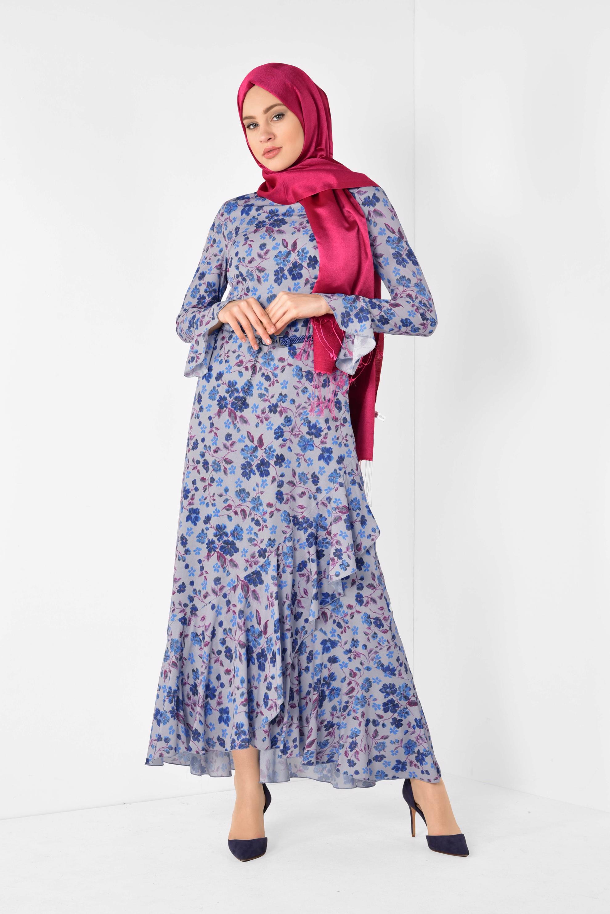 Tesettür giyim GRİ ASİMETRİK KESİM ÇİÇEK DESENLİ ELBİSE 4965