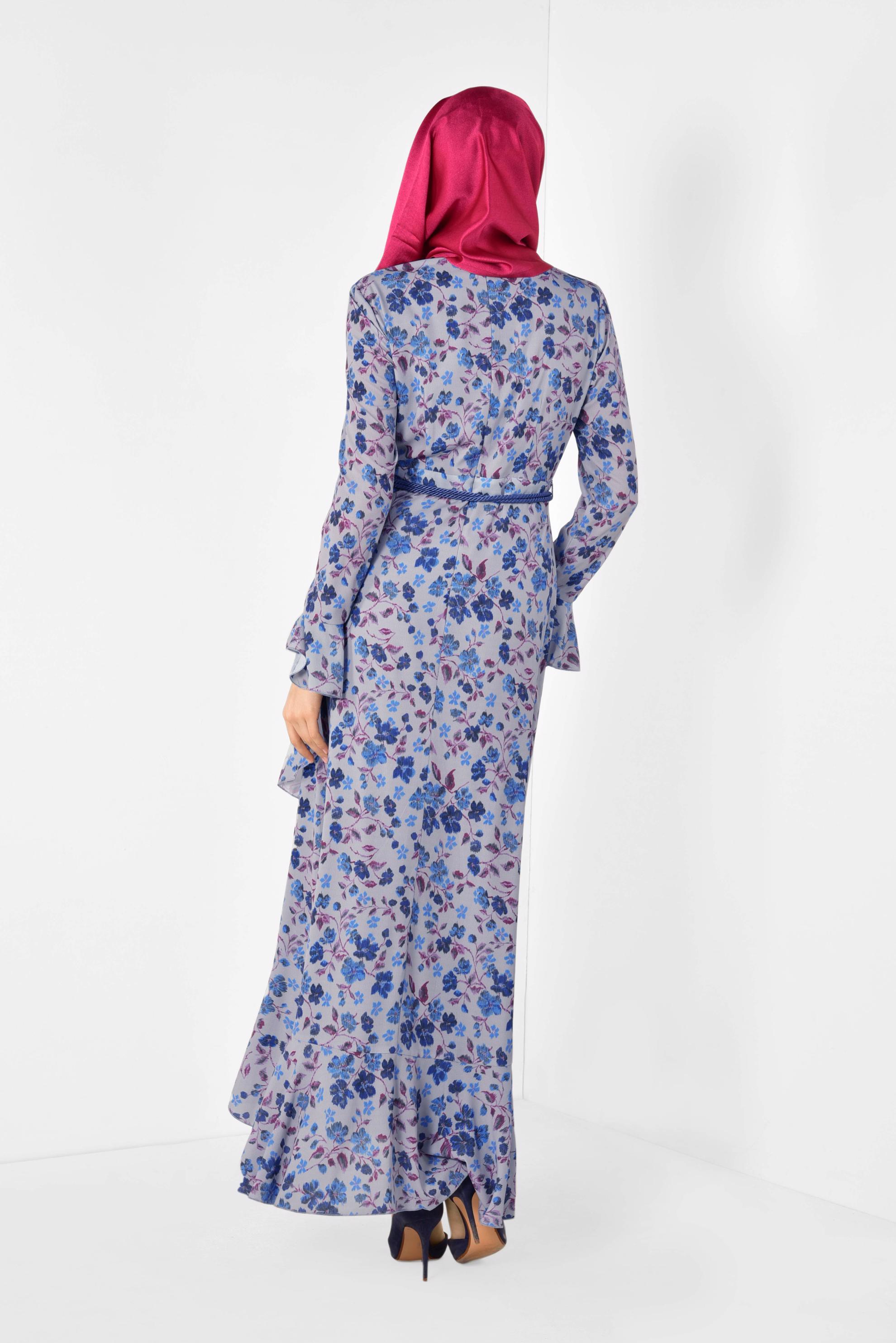 Tesettür giyim GRİ ASİMETRİK KESİM ÇİÇEK DESENLİ ELBİSE 4965