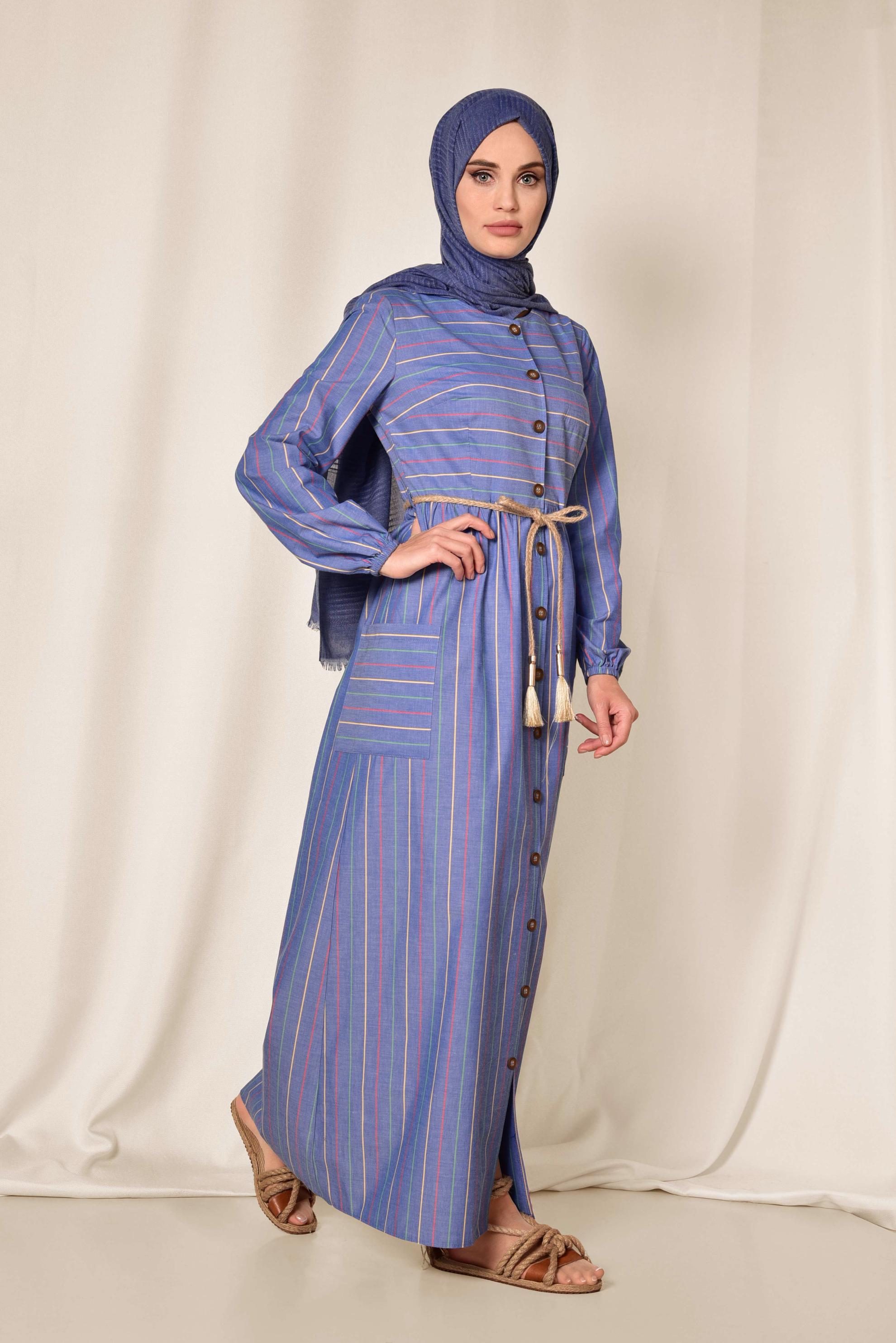 Tesettür giyim LACİVERT ÇİZGİ DESENLİ ÖNDEN DÜĞMELİ ELBİSE 4991