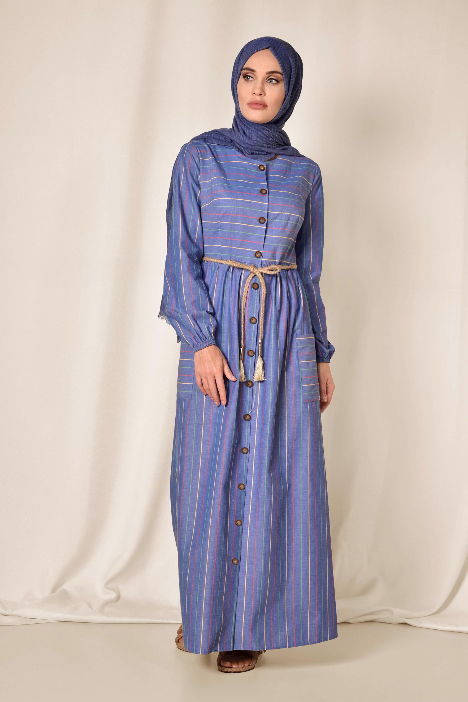 Tesettür giyim LACİVERT ÇİZGİ DESENLİ ÖNDEN DÜĞMELİ ELBİSE 4991