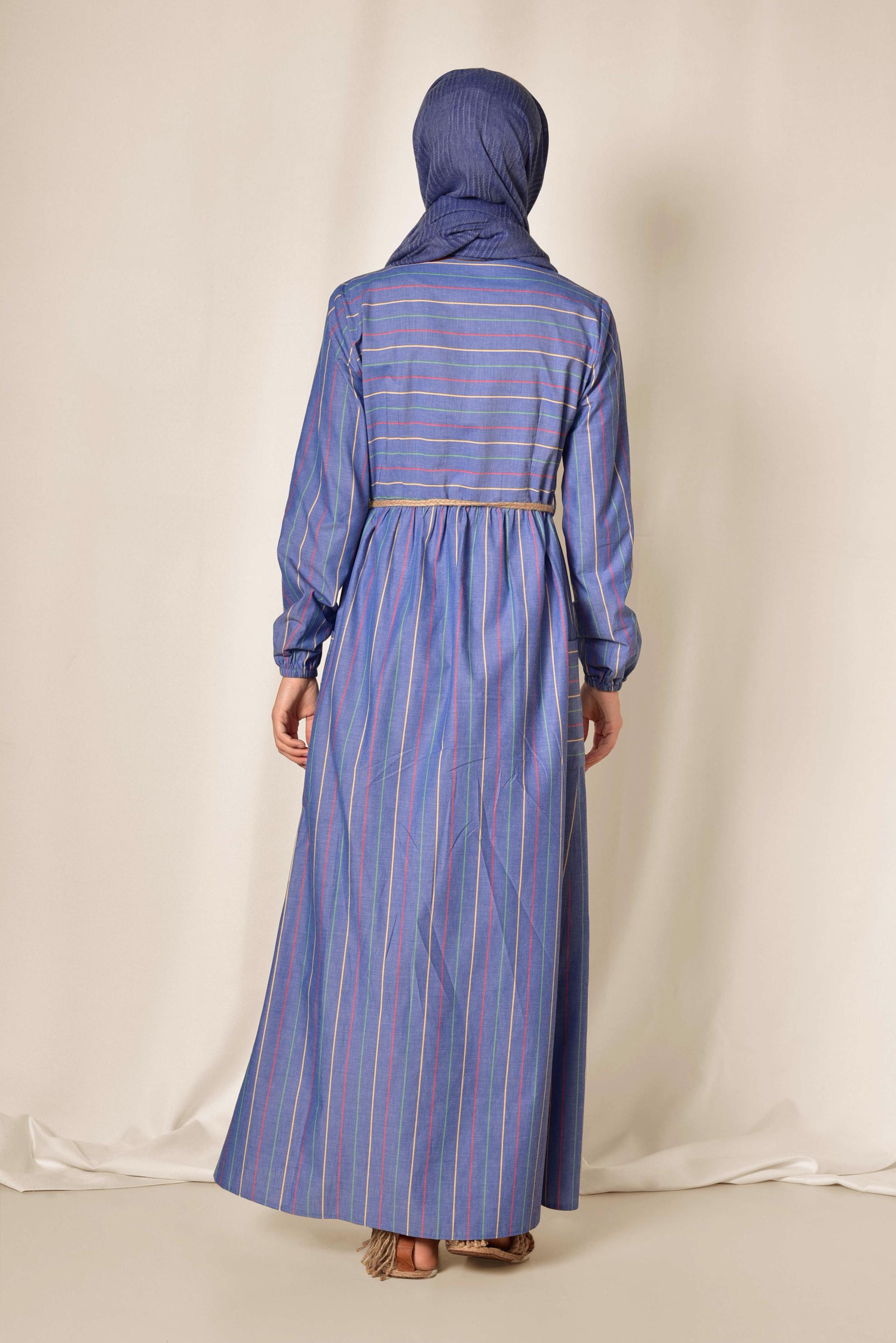 Tesettür giyim LACİVERT ÇİZGİ DESENLİ ÖNDEN DÜĞMELİ ELBİSE 4991