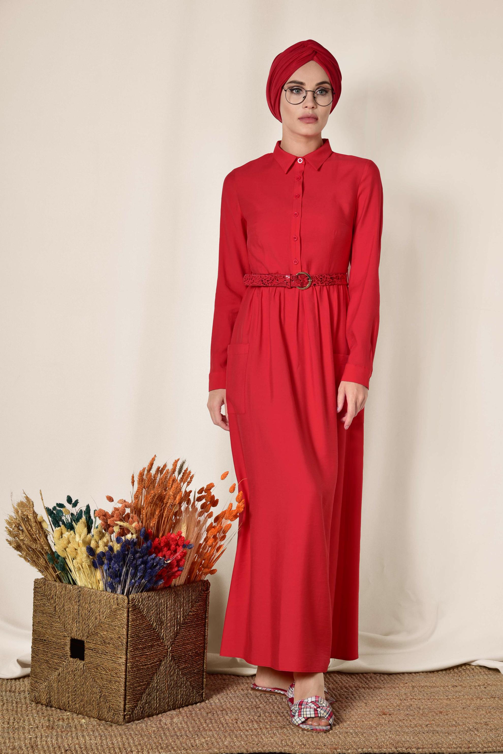 Tesettür giyim KIRMIZI CEP VE KEMER DETAYLI ELBİSE 4992 