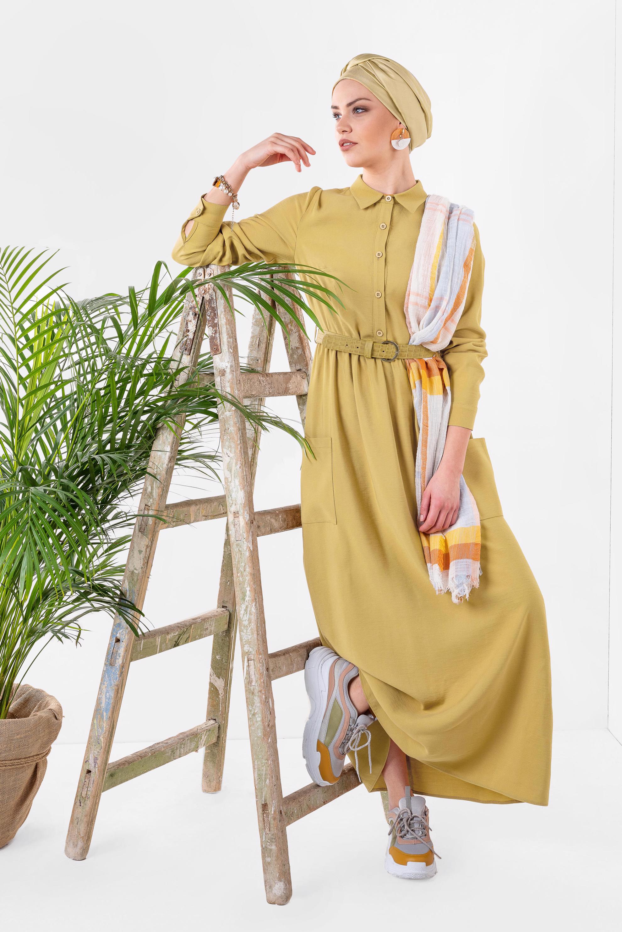 Tesettür giyim SARI CEP VE KEMER DETAYLI ELBİSE 4992 