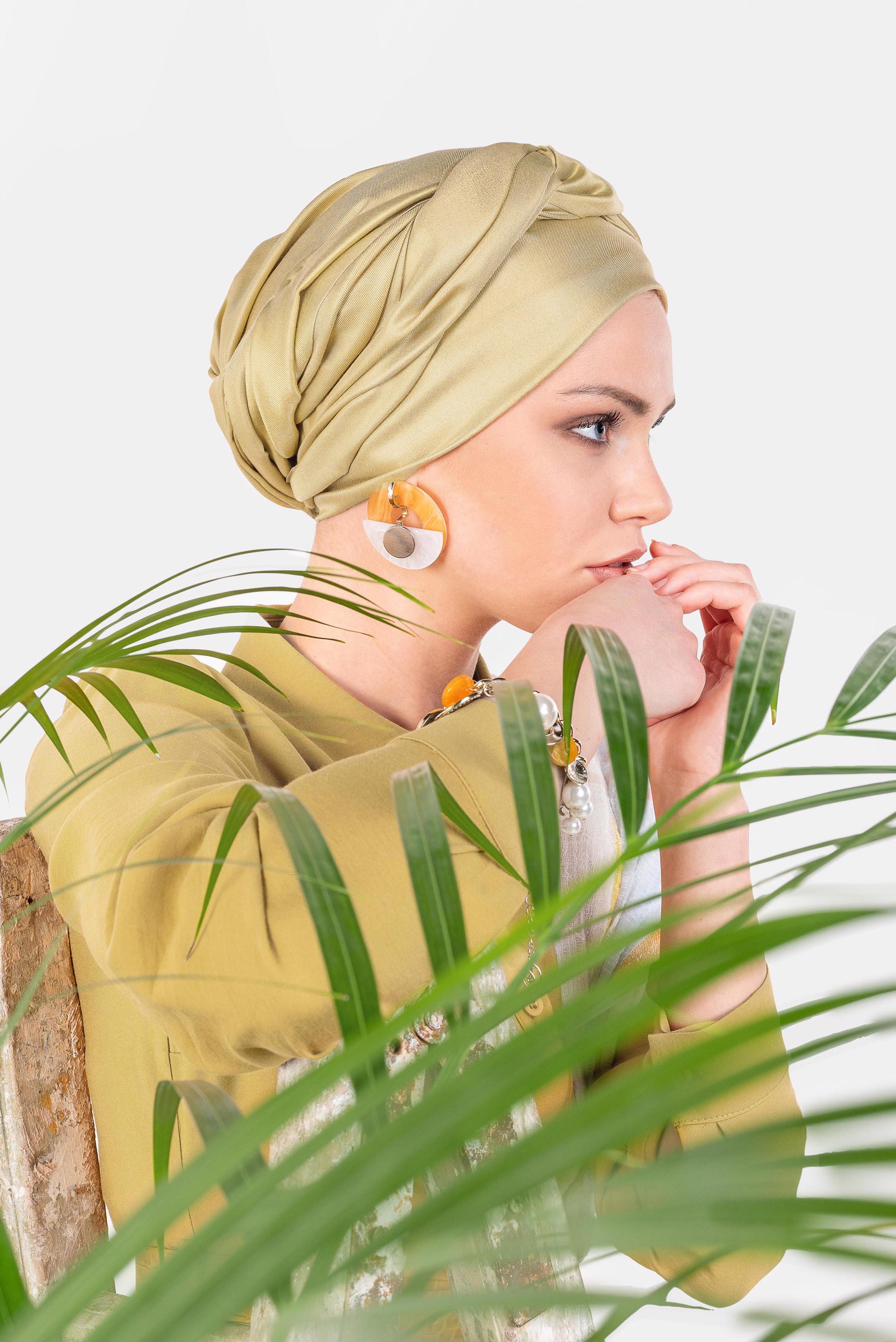 Tesettür giyim SARI CEP VE KEMER DETAYLI ELBİSE 4992 