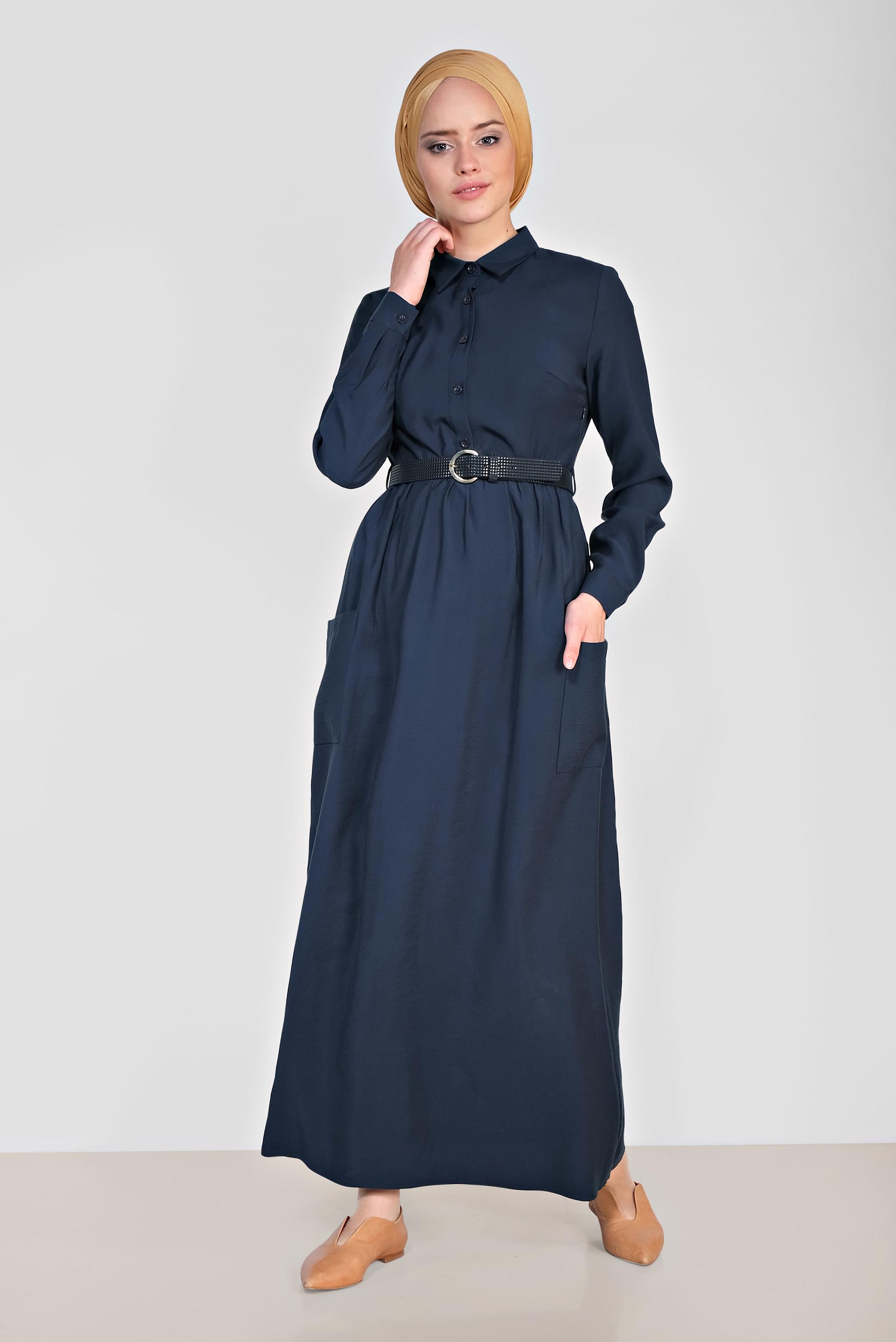 Tesettür giyim LACİVERT CEP VE KEMER DETAYLI ELBİSE 4992 