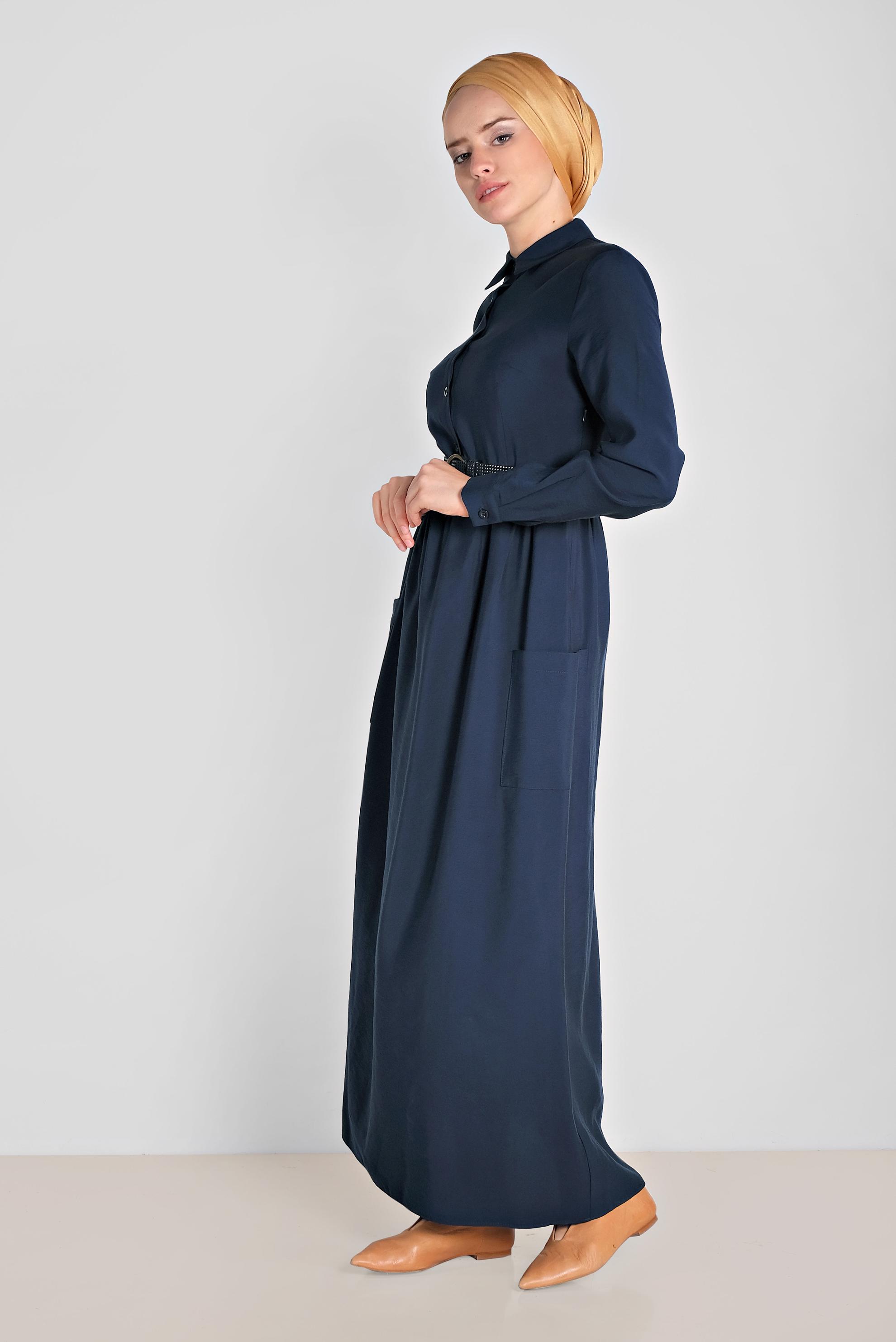 Tesettür giyim LACİVERT CEP VE KEMER DETAYLI ELBİSE 4992 