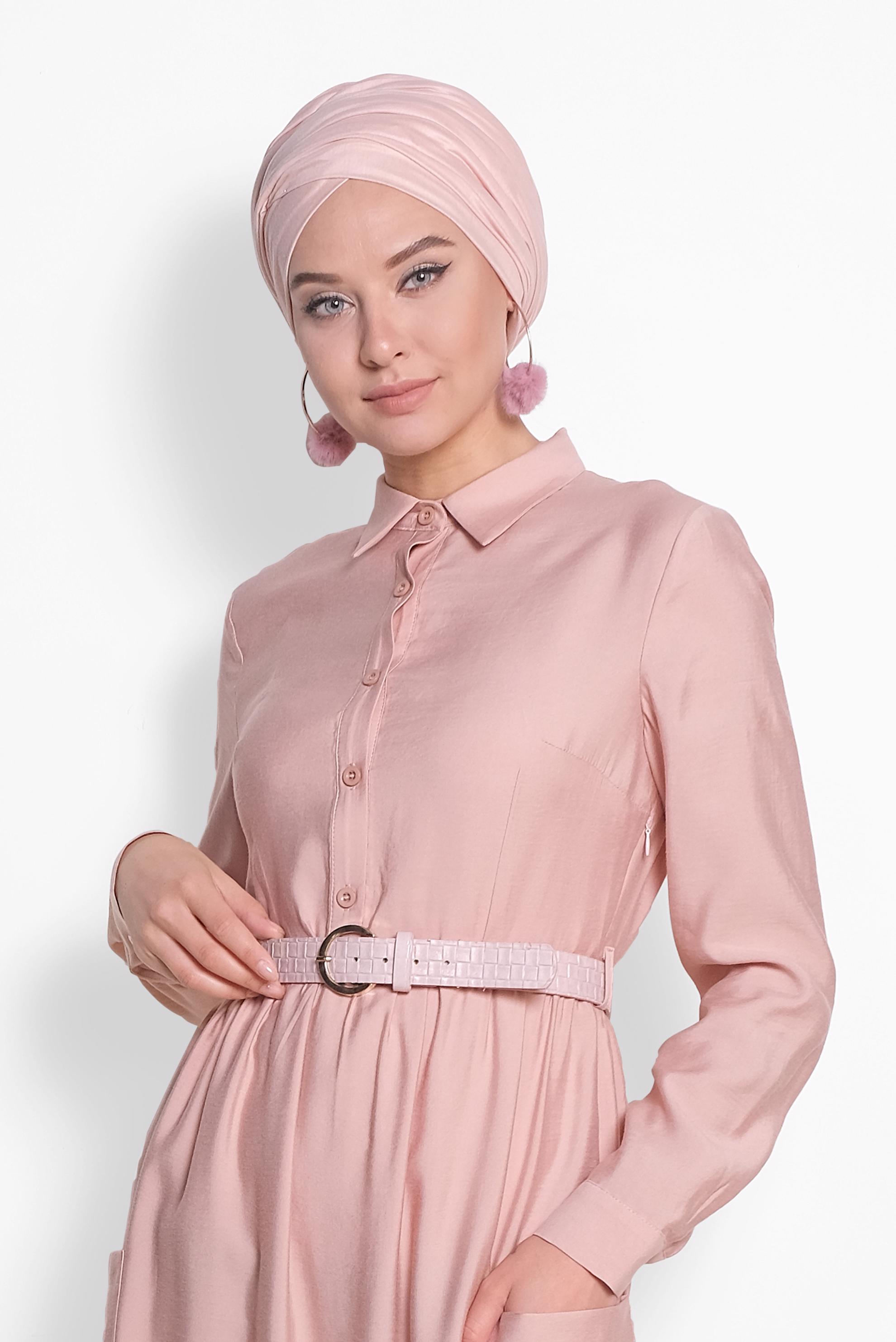 Tesettür giyim PUDRA CEP VE KEMER DETAYLI ELBİSE 4992 