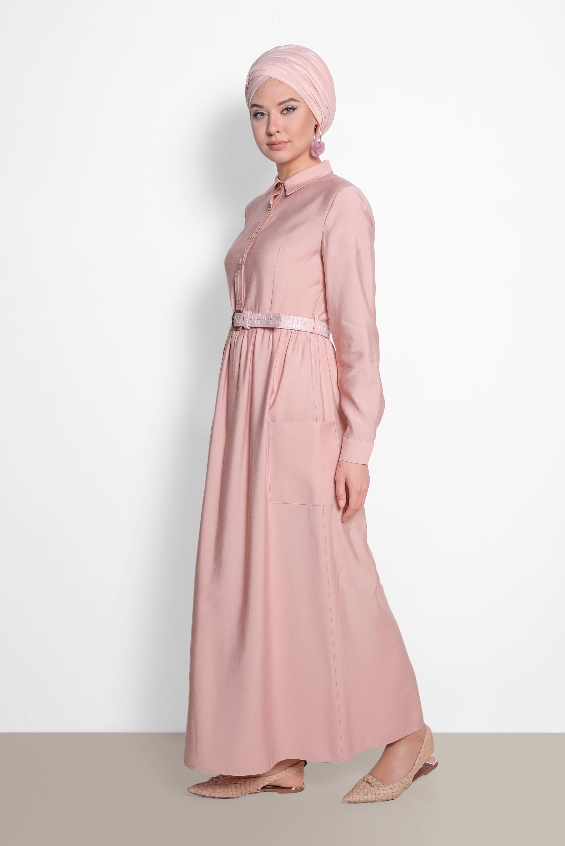 Tesettür giyim PUDRA CEP VE KEMER DETAYLI ELBİSE 4992 
