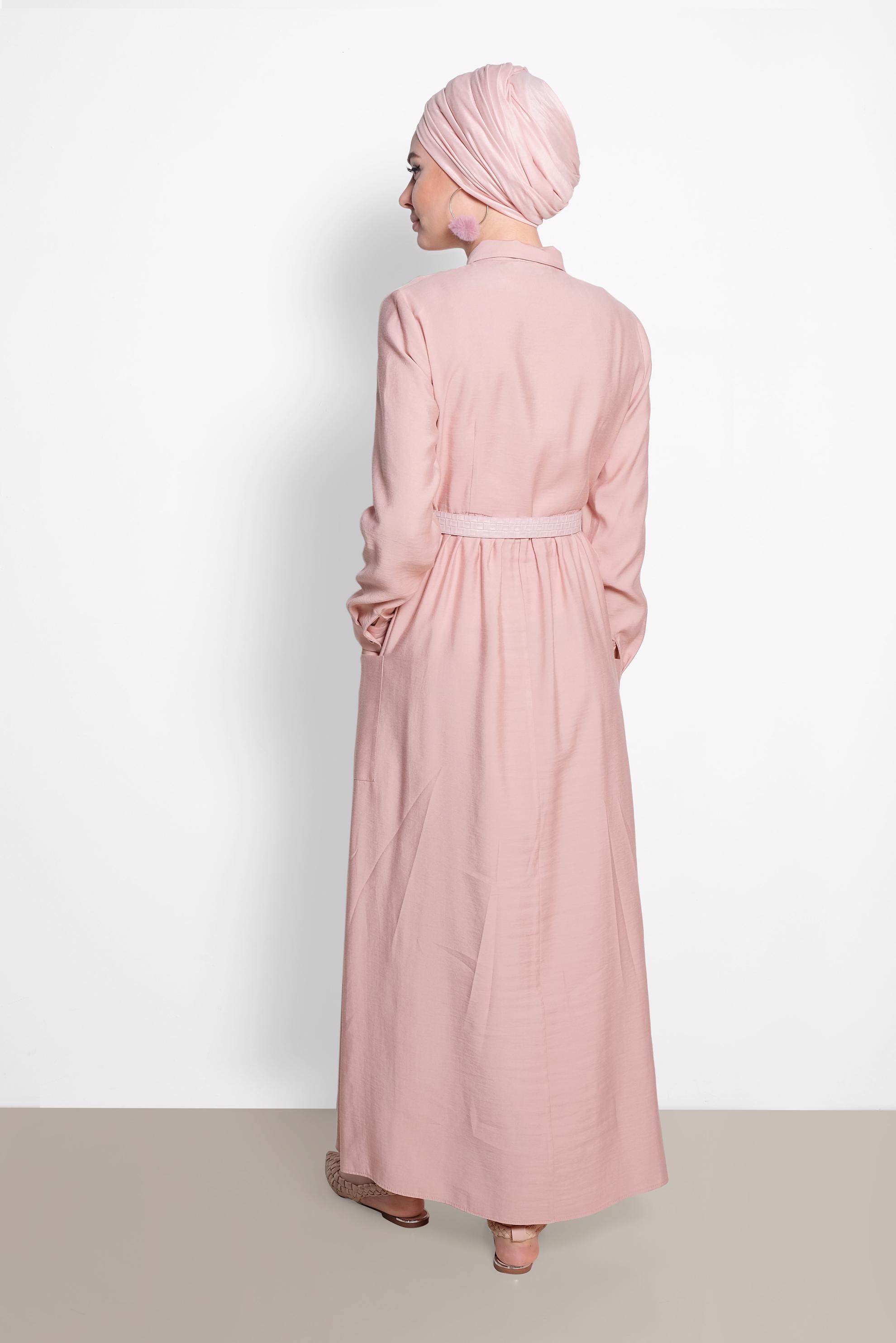 Tesettür giyim PUDRA CEP VE KEMER DETAYLI ELBİSE 4992 