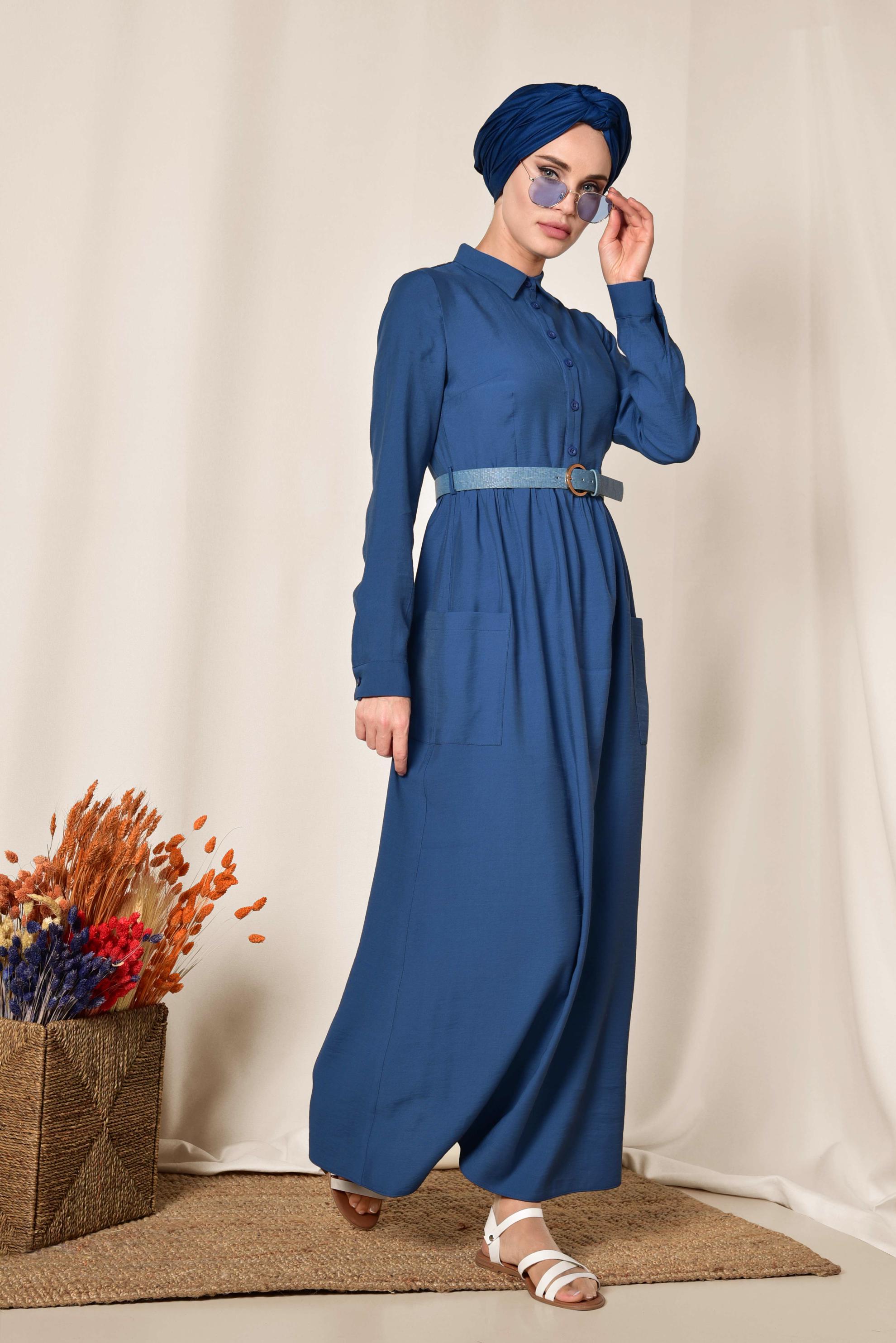 Tesettür giyim LACİVERT CEP VE KEMER DETAYLI ELBİSE 4992 