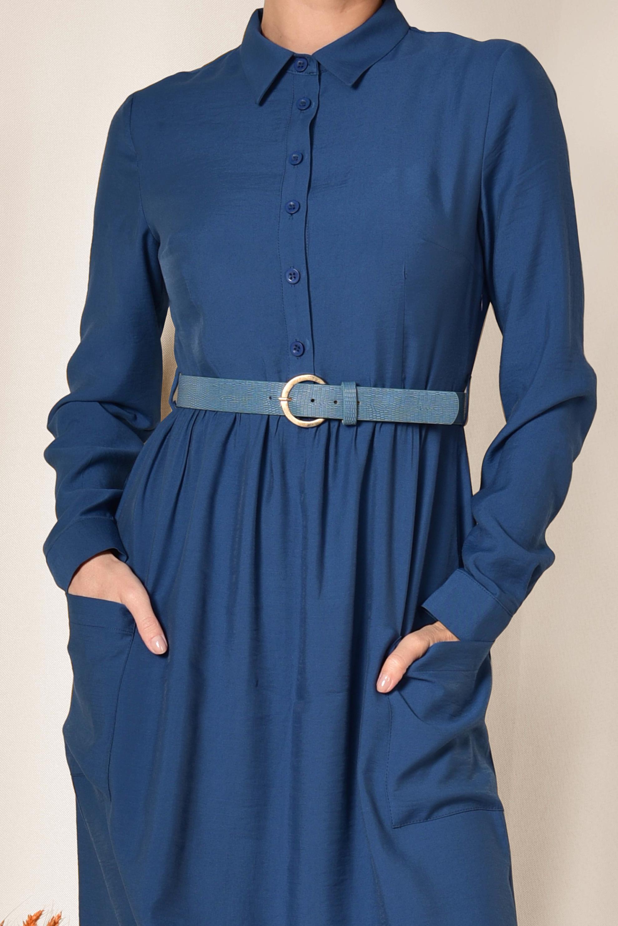 Tesettür giyim LACİVERT CEP VE KEMER DETAYLI ELBİSE 4992 