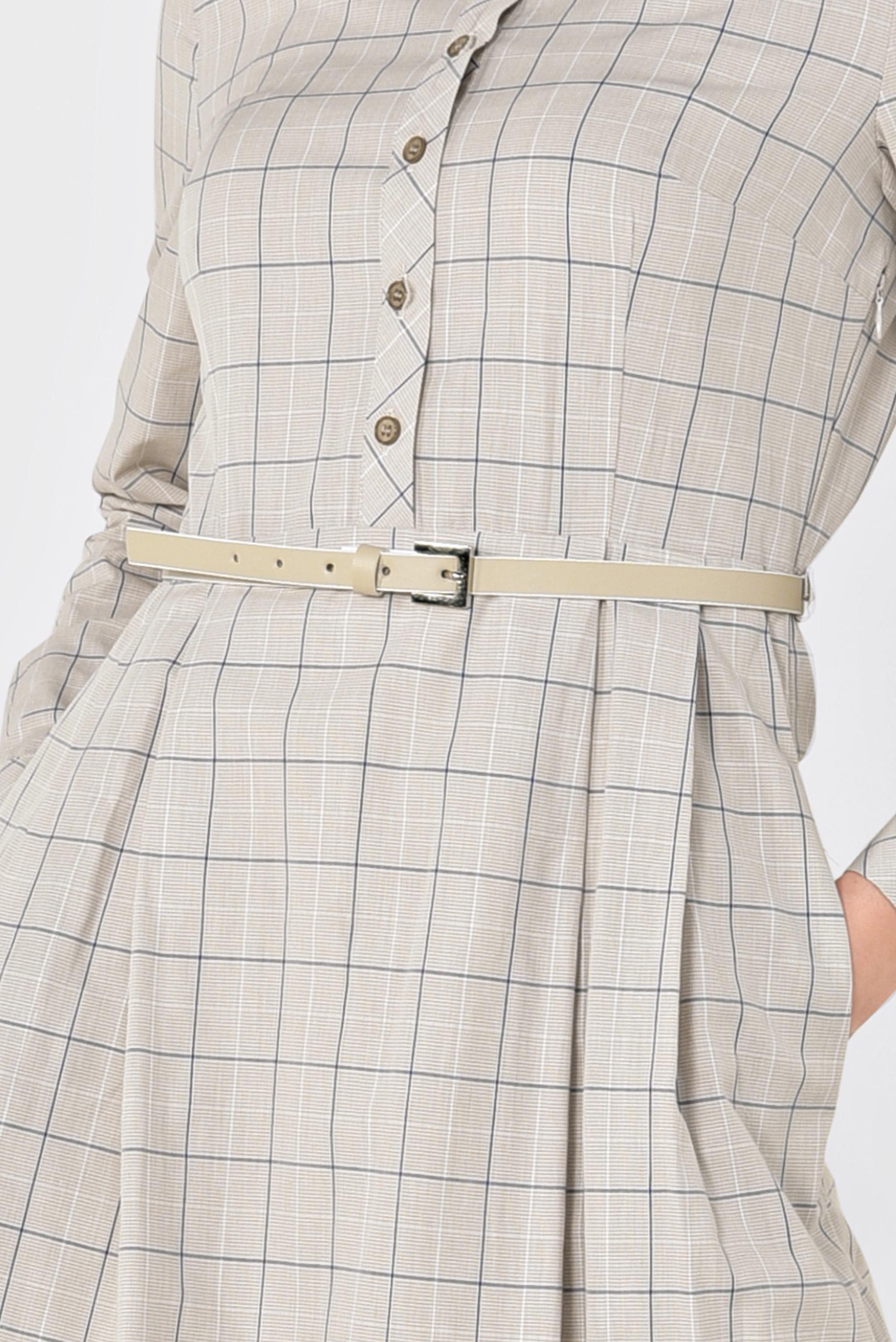 Tesettür giyim BEJ KARE DESENLİ PAMUKLU ELBİSE 4993