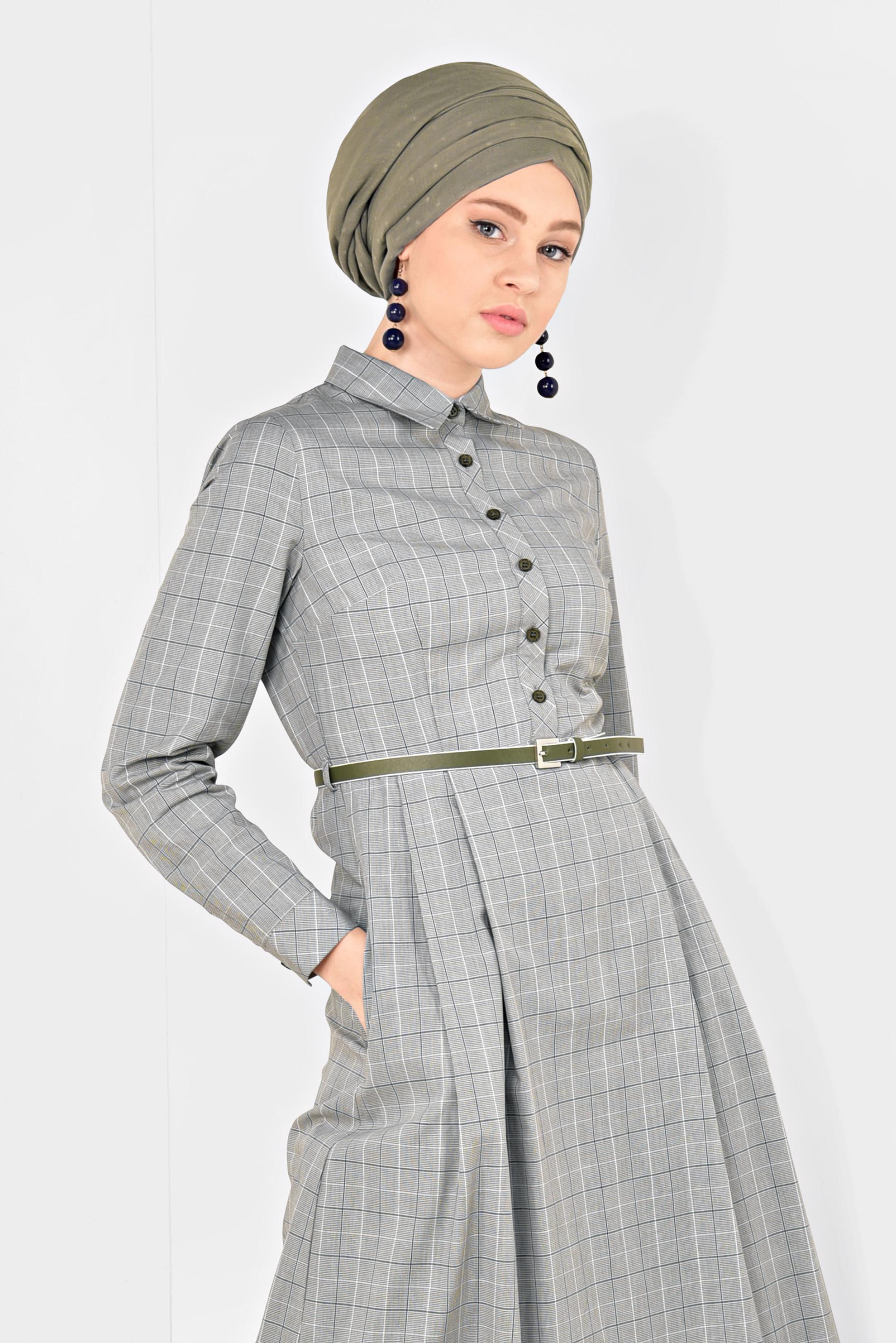 Tesettür giyim HAKİ KARE DESENLİ PAMUKLU ELBİSE 4993