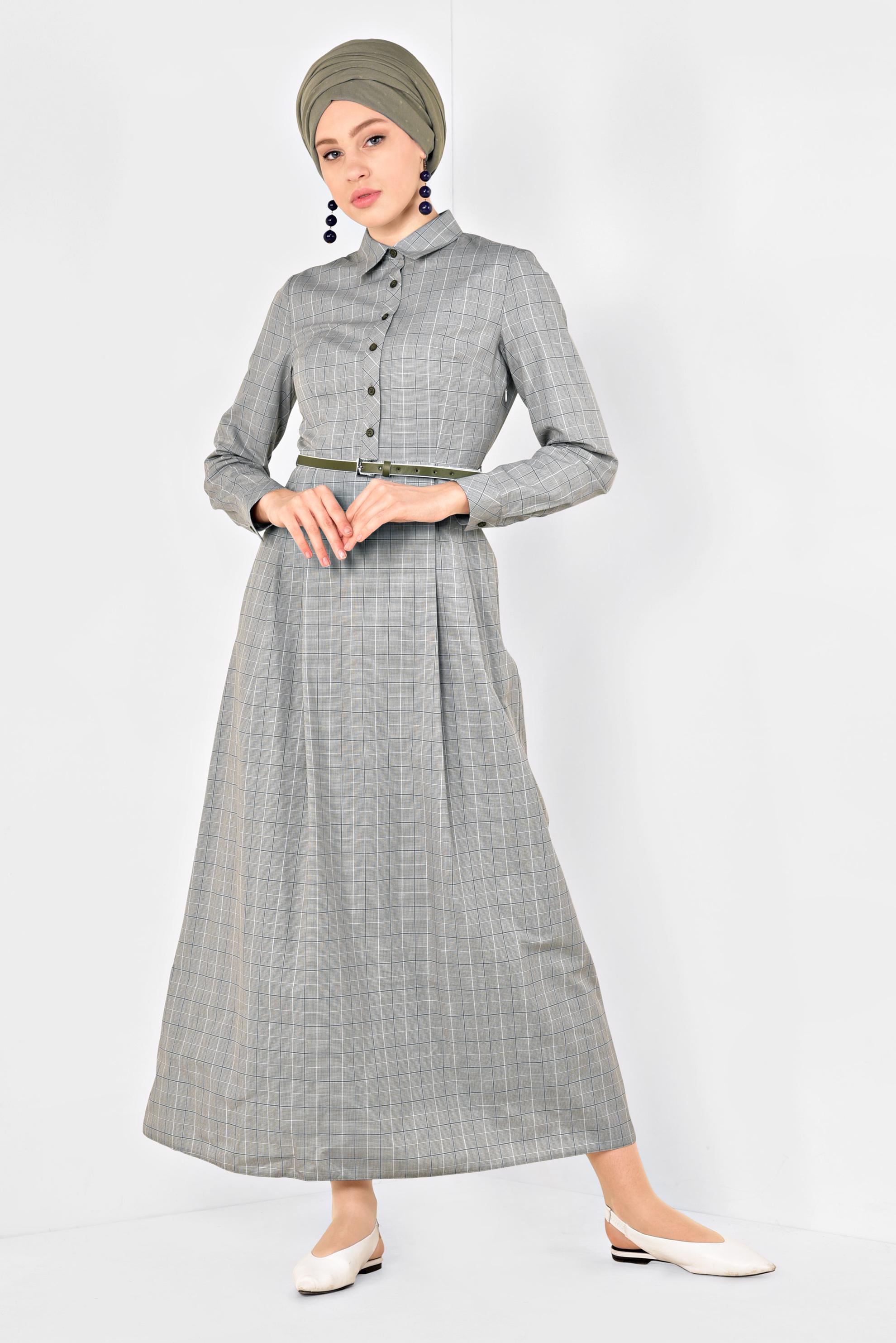 Tesettür giyim HAKİ KARE DESENLİ PAMUKLU ELBİSE 4993