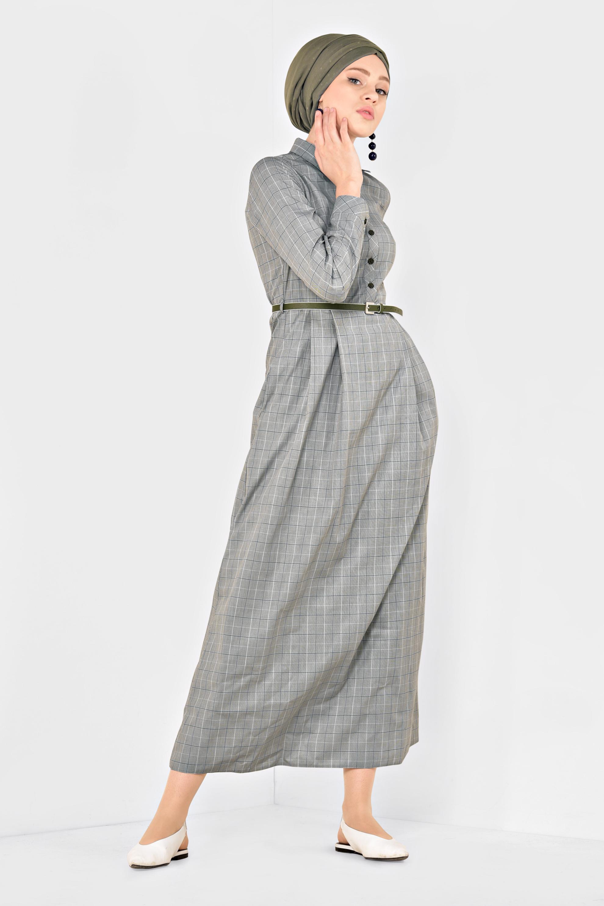 Tesettür giyim HAKİ KARE DESENLİ PAMUKLU ELBİSE 4993