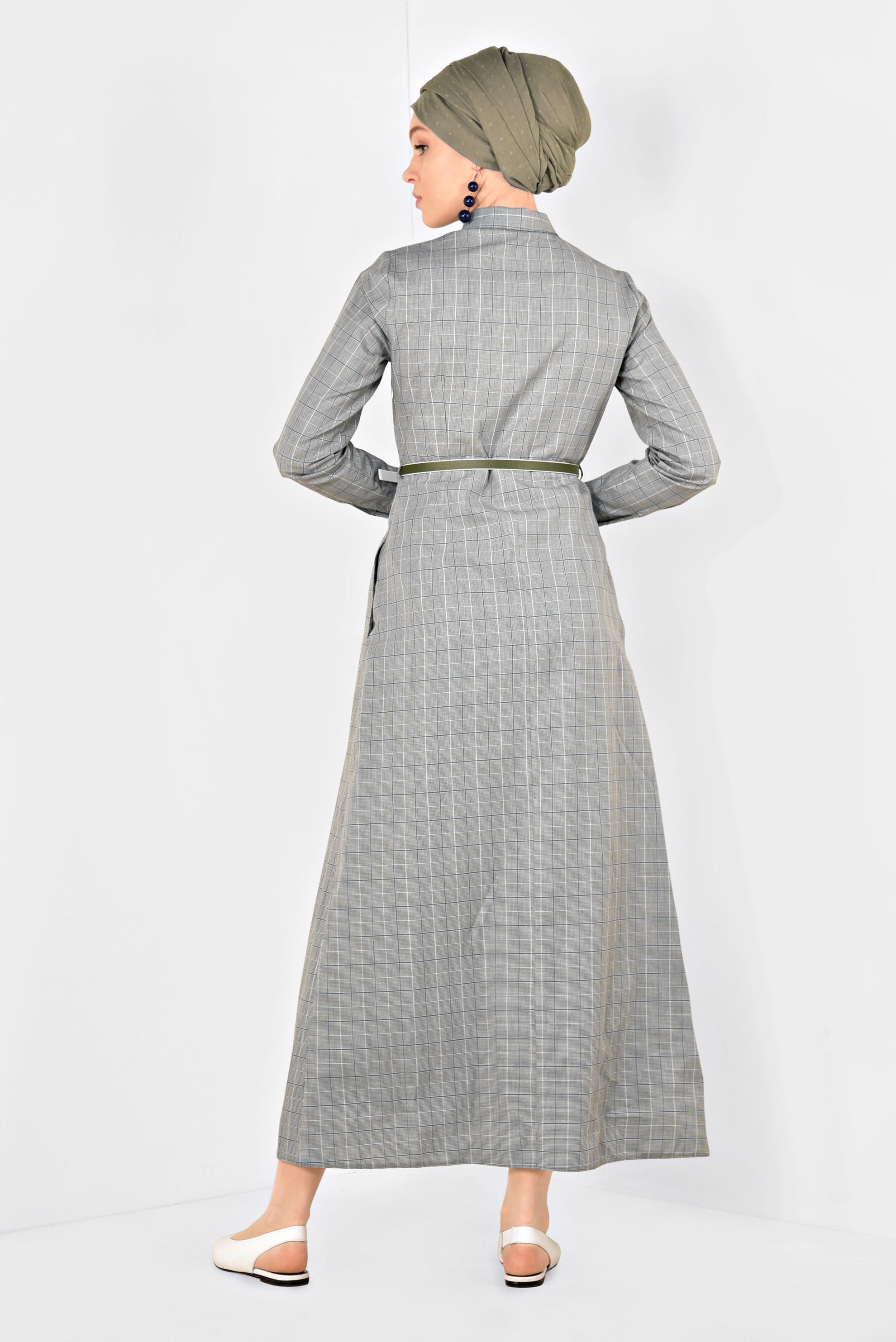 Tesettür giyim HAKİ KARE DESENLİ PAMUKLU ELBİSE 4993