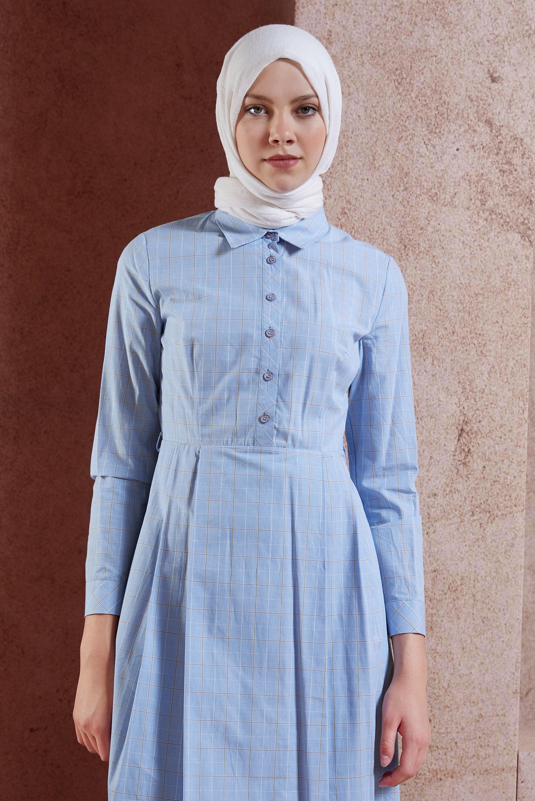 Tesettür giyim MAVİ KARE DESENLİ PAMUKLU ELBİSE 4993