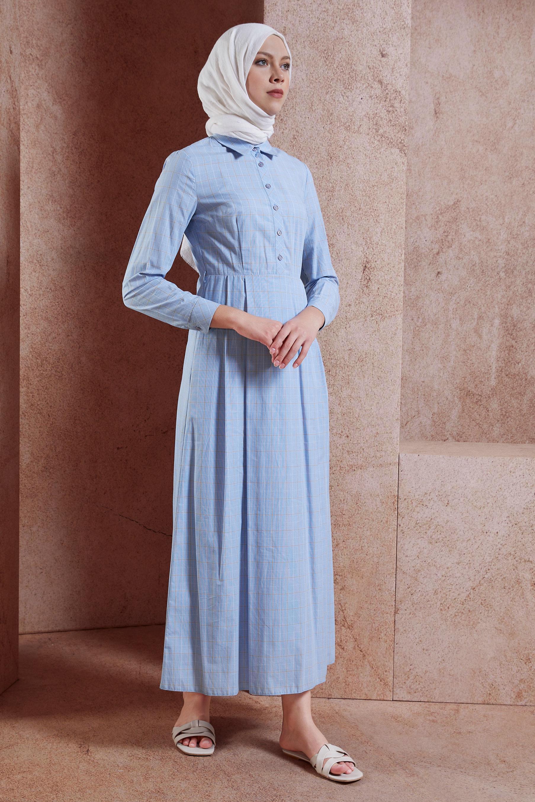 Tesettür giyim MAVİ KARE DESENLİ PAMUKLU ELBİSE 4993