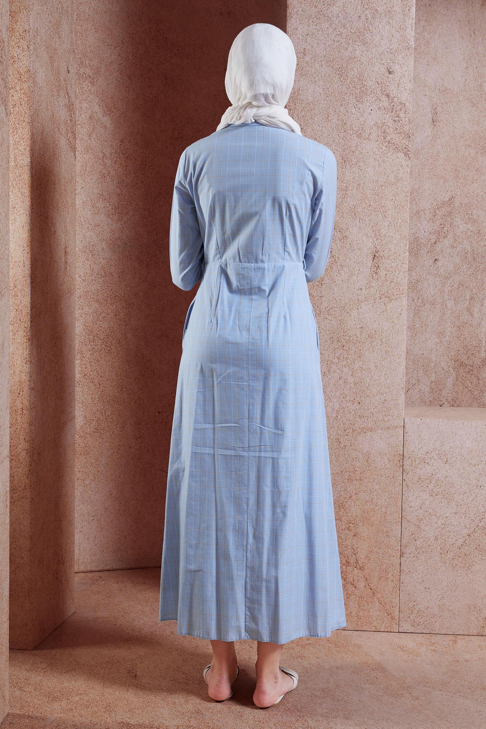 Tesettür giyim MAVİ KARE DESENLİ PAMUKLU ELBİSE 4993